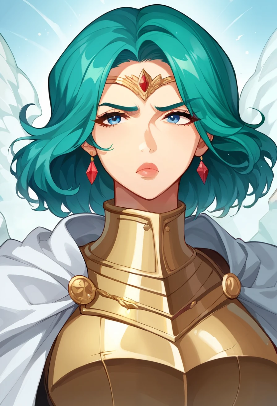 score_9, score_8_up, score_7_up, source_cartoon, cartoony, highly detailed, 1girl, white steel armor, female, solo, 80swa, shiny skin, a close up of a person with teal hair, knight girl, anime woman with teal hair, short teal haired woman detailed anime character art, general woman, serious, big lips, mature woman, steel heavy armor, white cloak, blue eyes, tired, muscular woman, short hair, steel circlet with wings, eye wrinkles, 40 years old, gaze of superiority, superiority expression, serious expression
