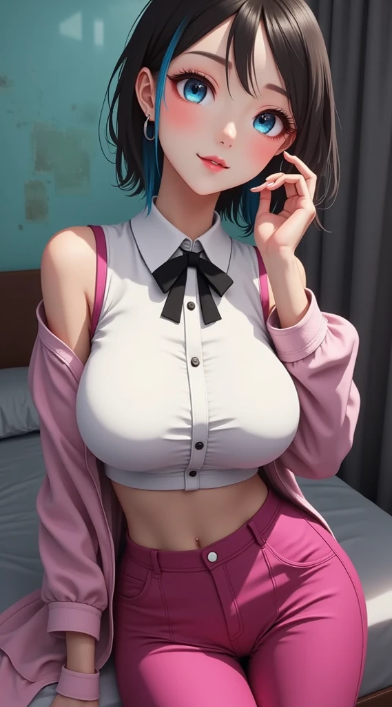 (masterpiece, computer, mejor quality, Clear focus, shadow, anime-style, Ultra high resolution, 8K, perfect anatomy, perfect face, (detailed face), ( Detailed eye ), score_9, score_8_above, score_7_above, score_6_above, score_5_above, score_4_above, source _animated, Label 1, Label2, quality_masterpiece, Anatomically correct, beautiful face, perfect face, Beautiful and highly detailed face and eyes, Attractive face, detailed face, delicate facial features, detailed skin, huge breasts, breast size cup D or DD, wide hips, gigantic ass, thick thighs. looking at the spectator. Anime-style illustration of a beautiful woman with an elegant and sensual look. Attractive anime girl with long dark hair, with red reflections on the tips. She has bright green eyes and blushed cheeks. It is partially dressed in a black jacket with white details on the sleeves, that looks like a sports or school style jacket. A loose white garment that looks like a shirt or shawl. a black body made of leather or similar material with a bodice; the bodice is adorned with a pale pink lace design on the top and bottom. The main body is snug and has a front closure with laces. She also wears dark green earrings. Her expression is playful and flirty, looks directly at the viewer. Her posture is suggestive. The background is a room with a visible brick wall, that suggests an environment, maybe a room or study, with good natural lighting that enters through a window that suggests, but you can't see . Is there a piece of furniture (a bed or table) slightly visible in the lower left corner, with a completely naked blue .