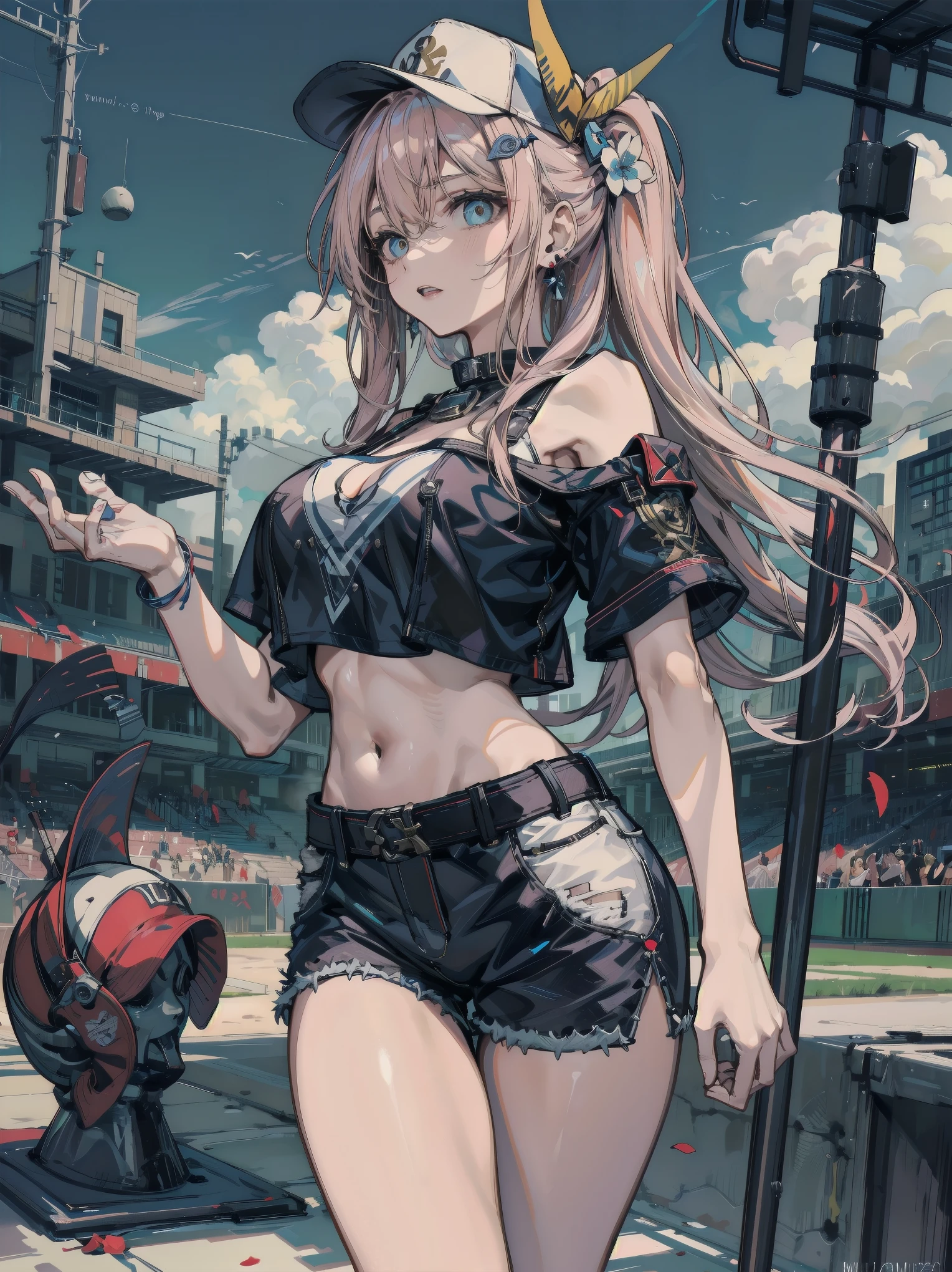 earring, big breasts, perfect figure, Perfect Style, Perfect balance, ideal ratio body proportions, hair ornament, asymmetrical hair, wavy hair, long sidelocks, hair behind ear, half updo, sexy, erotic, seductive, Sensual, cowboy shot, outdoor, baseball cap, black T-shirt, crop top, shorts, bare shoulder,