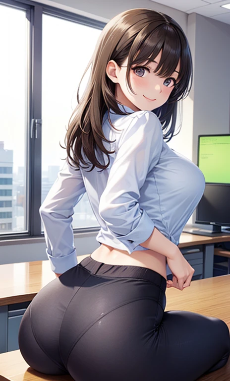 brown eyes, brown hair, pleated black skirt, sitting in crowded office , from behind,ass, smile, ahoge, exposed ass, huge ass