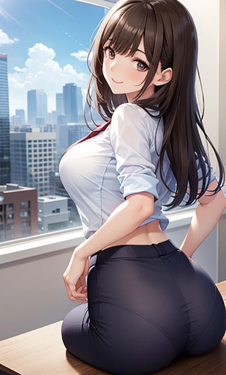 ((Tabletop, Highest quality, High resolution, Pixel perfect, 4K))), 1 girl, single, alone, Beautiful woman、I could see the whole body、 ((Mid-wave hair, bangs, Brown Hair)), ((Brown eyes, Beautiful eyelashes, Realistic eyes)), ((Detailed face, blush:1.2)), ((Smooth texture:0.75, Realistic texture:0.65, Realistic:1.1, Anime CG style)), Big Breasts, Dynamic Angle, Perfect body, ((Black Skirt, Checked skirt)), City Stairs、Looking up from the bottom of the stairs、Very embarrassing panic smile, looked back、Lean forward、(The wind blew up her skirt, exposing her buttocks..、Touch your buttocks with both hands)、(((Sheer white shirt、Light blue lace panties)))、Transparent nipples、(Love juice dripping from the vagina)、Seduce me sexually