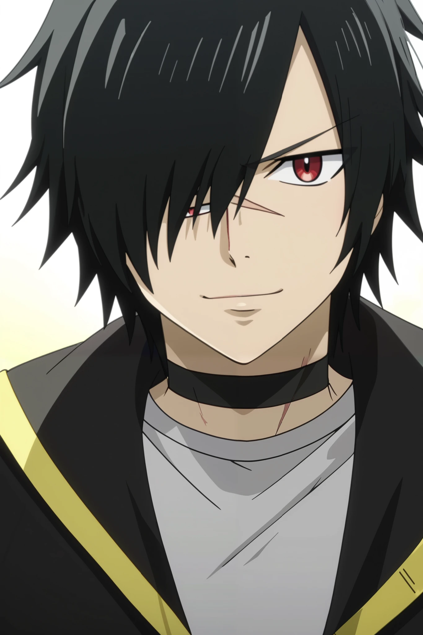 score_9, score_8_up, score_7_up, source_anime, rating_safe, intricate details, anime screencap, 1boy, solo, male focus, rogue_cheney, black hair, red eyes, ponytail, hair over one eye, scar, tattoo, close-up, happy, a light gray sleeveless shirt, tight to the body, with dark details and a black choker at the neck. He wears dark, tight-fitting pants tucked into long boots. On top, sports a light cape that falls to her hips, adding a mysterious touch, long leather gloves, cute boy expression, closed-mouth smile, relaxed eyebrows, blush, official style