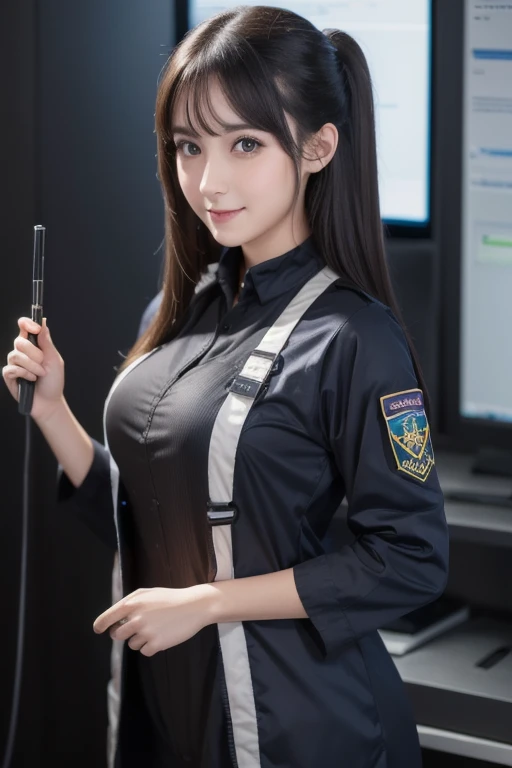 Badass Brazilian girl, straight hair with bangs, prescription glasses, holding a gun