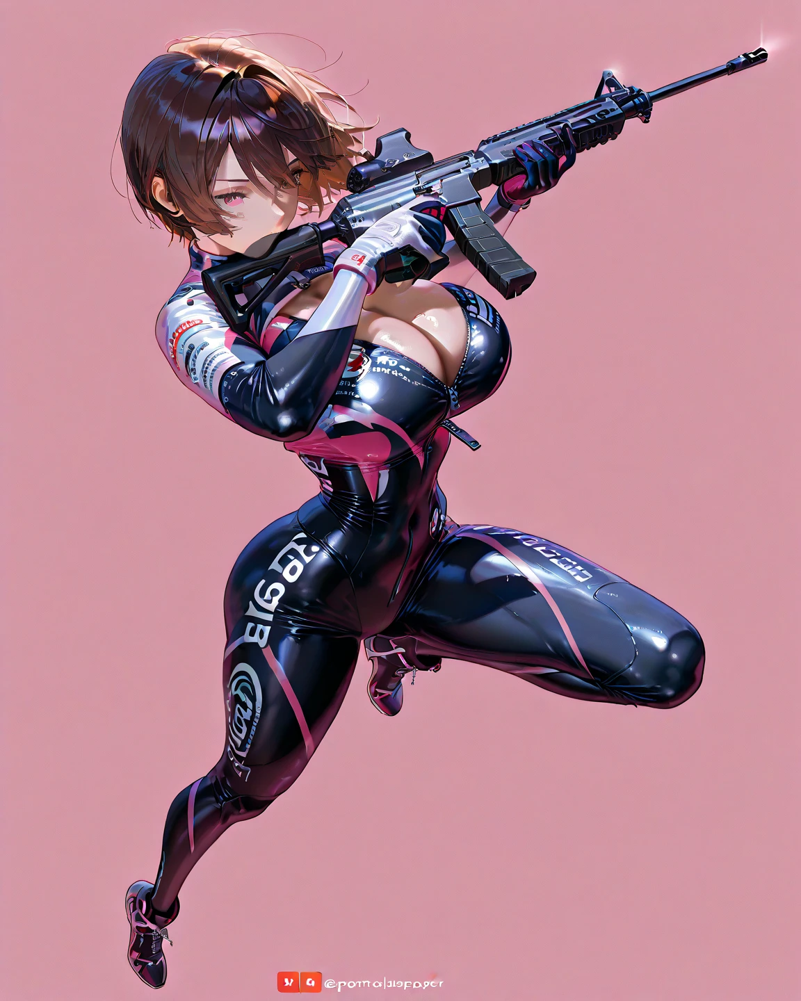 Bodysuit, gun in hand, black hair, bangs, dva