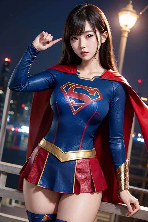 High resolution、8k、Beautiful age Woman、1 female、Medium chest、Short black hair、(Metallic Mechanical Outfit)、Blue and Red、((Superhero Outfits))、(The square in front of the building)、(Strike a hero pose)