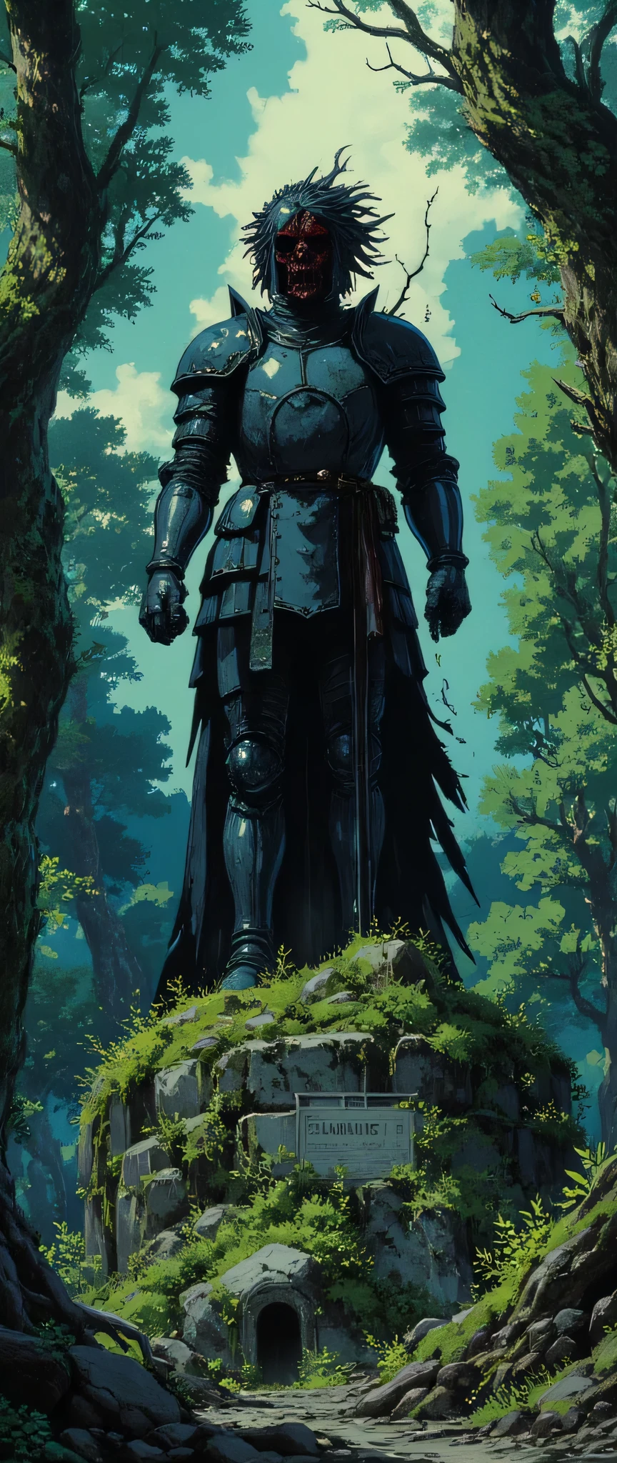 ( masterpiece:1.2, exceptional quality, display case, cinematographic experience , best illustration:2.0, more details.2.0), 16k, wallpaper, ( The Cursed Statue Deep in the Forest ), ( A stone statue of a headless knight in armor stands at a sanctuary in a dense, dark forest:2.0), ( An unknown black creature with black hair is gushing from the statue in armor :2.0), ( bright red eyes), (deteriorating:1.3), (moss), (Studio Ghibli in the courtyard :2.0), ( anime art), (dynamic:2.0), (Spectacular landscapes:2.0), ( scary vibration :2.0), (from below:2.0)