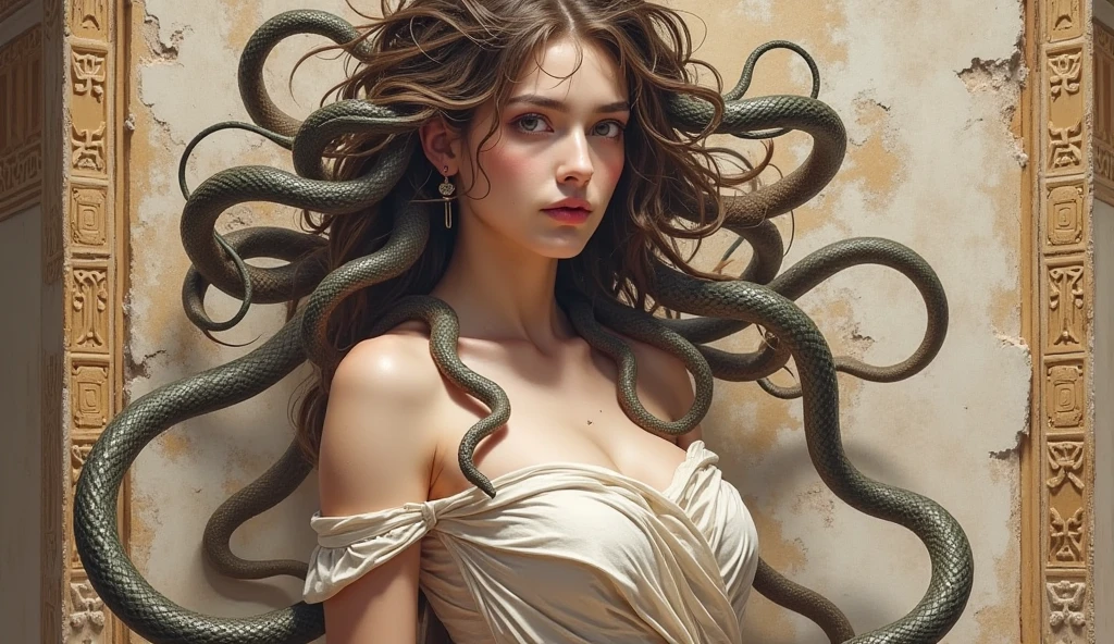 photorealistic:1.2, the Greek mythological creature Medusa, A very beautiful woman with a long hair made of snakes, her eyes are glowing, she is looking at the camera,she is an ancient geek temple, ancient Greek architecture, photorealistic, shot by ARRI ALEXA 65, 50mm lens, cinematic lighting, studio light, rim light, high contrast, soft colors