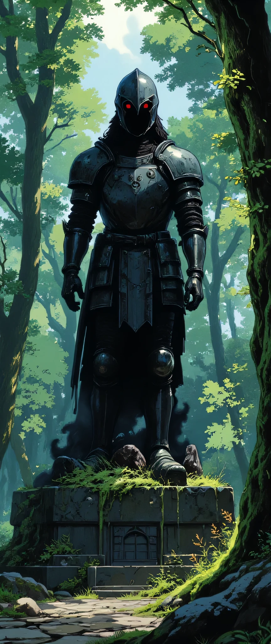 ( masterpiece:1.2, exceptional quality, display case, cinematographic experience , best illustration:2.0, more details.2.0), 16k, wallpaper, ( The Cursed Statue Deep in the Forest ), ( A stone statue of a headless knight in armor stands at a sanctuary in a dense, dark forest:2.0), ( An unknown black creature with black hair is gushing from the statue in armor :2.0), ( bright red eyes), (deteriorating:1.3), (moss), (Studio Ghibli in the courtyard :2.0), ( anime art), (dynamic:2.0), (Spectacular landscapes:2.0), ( scary vibration :2.0), (from below:2.0)