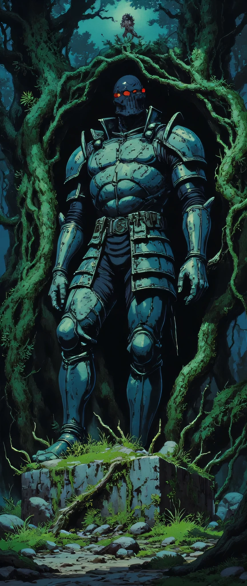 ( masterpiece:1.2, exceptional quality, display case, cinematographic experience , best illustration:2.0, more details.2.0), 16k, wallpaper, ( The Cursed Statue Deep in the Forest ), ( The statue of a headless horseman , in ancient, corroded stone armor , remains on an altar in a forgotten forest , shrouded in shadows:2.0), ( A black creature , with hair as long as night , Gushes from the statue , his bright red eyes penetrating the darkness of the forest:2.0), (deteriorating:1.3), ( Moss and roots intertwined around the base of the statue ), (Studio Ghibli in the courtyard :2.0), ( anime art), (dynamic:2.0), (Spectacular landscapes:2.0), ( scary vibration :2.0), (from below:2.0)
