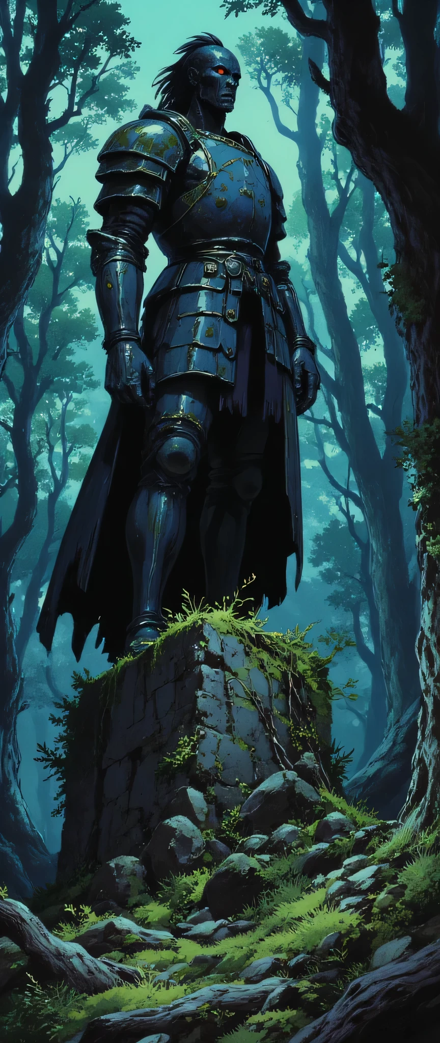 ( masterpiece:1.2, exceptional quality, display case, cinematographic experience , best illustration:2.0, more details.2.0), 16k, wallpaper, ( The Cursed Statue Deep in the Forest ), ( The statue of a headless horseman , in ancient, corroded stone armor , remains on an altar in a forgotten forest , shrouded in shadows:2.0), ( A black creature , with hair as long as night , Gushes from the statue , his bright red eyes penetrating the darkness of the forest:2.0), (deteriorating:1.3), ( Moss and roots intertwined around the base of the statue ), (Studio Ghibli in the courtyard :2.0), ( anime art), (dynamic:2.0), (Spectacular landscapes:2.0), ( scary vibration :2.0), (from below:2.0)