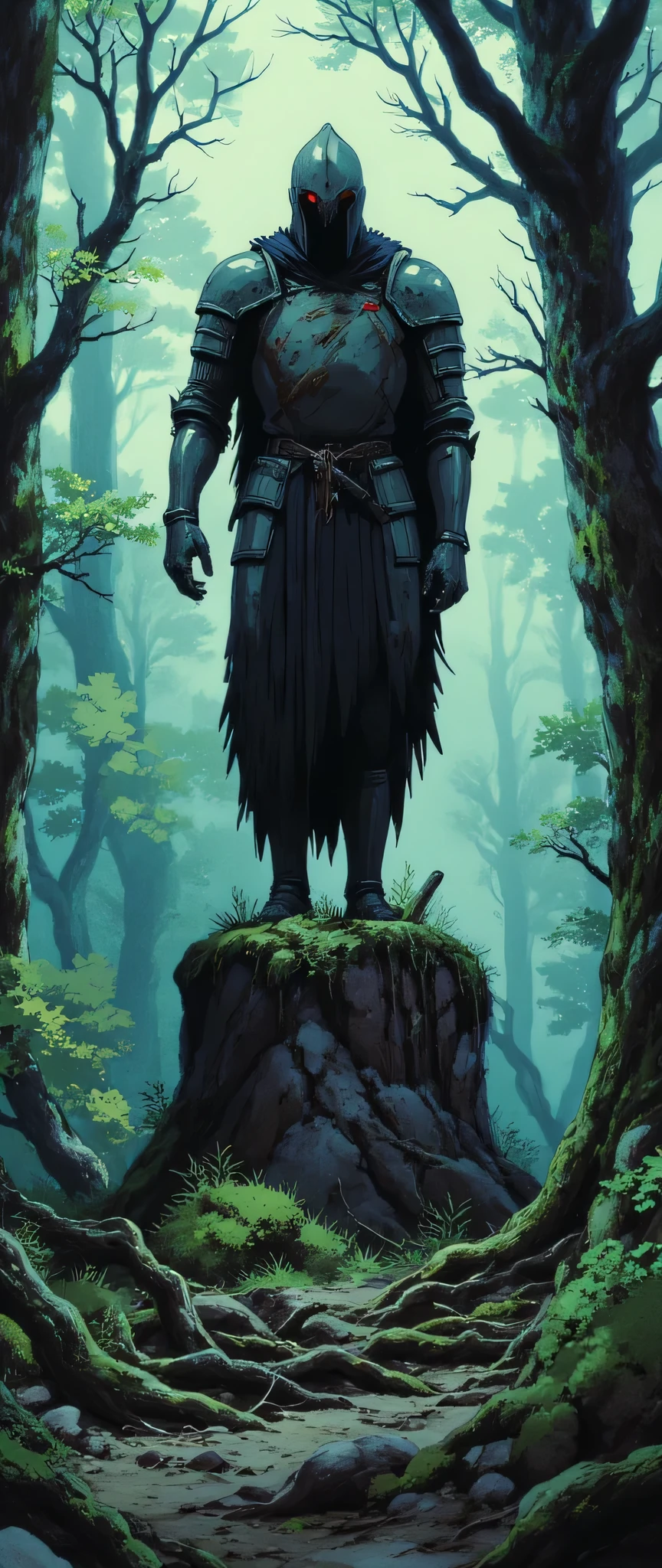 ( masterpiece:1.2, exceptional quality, display case, cinematographic experience , best illustration:2.0, more details.2.0), 16k, wallpaper, ( The Cursed Statue Deep in the Forest ), ( In the middle of a misty forest , a statue of a headless knight , in frayed armor , Stand up , like a dark guardian :2.0), ( An unknown creature , formed by darkness and flowing black hair , emerges from statue , with eyes as red as flames :2.0), (deteriorating:1.3), ( Moss covering the base of the statue and fallen trees), (Studio Ghibli in the courtyard :2.0), ( anime art), (dynamic:2.0), (Spectacular landscapes:2.0), ( scary vibration :2.0), (from below:2.0)