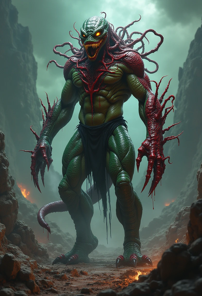 ((intricate design)) Top quality, 16K, High Definition, 16K splash art, high res, ultra sharp, ((masterpiece)), best quality, expressive eyes, perfect face, Super eyes, masterpiece, (((volumetric lighting))) (((cinematic lighting))) (((1Male))), ((muscular)), ((bodybuilder)), ((hyper pecs)), thighs, (((textured skin))) god of tentacles, sexy tentacles, tentacle humanoid man, humanoid bodybuilder, hyper pecs, glowing, god rays, wet, coiled, forced, melding, entangled, (((orange neon skin))), blood red slimy tentacles, lava, liquid lava wet, monsters, (((post apocalyptic city, desolate atmosphere, Dystopian landscape)))