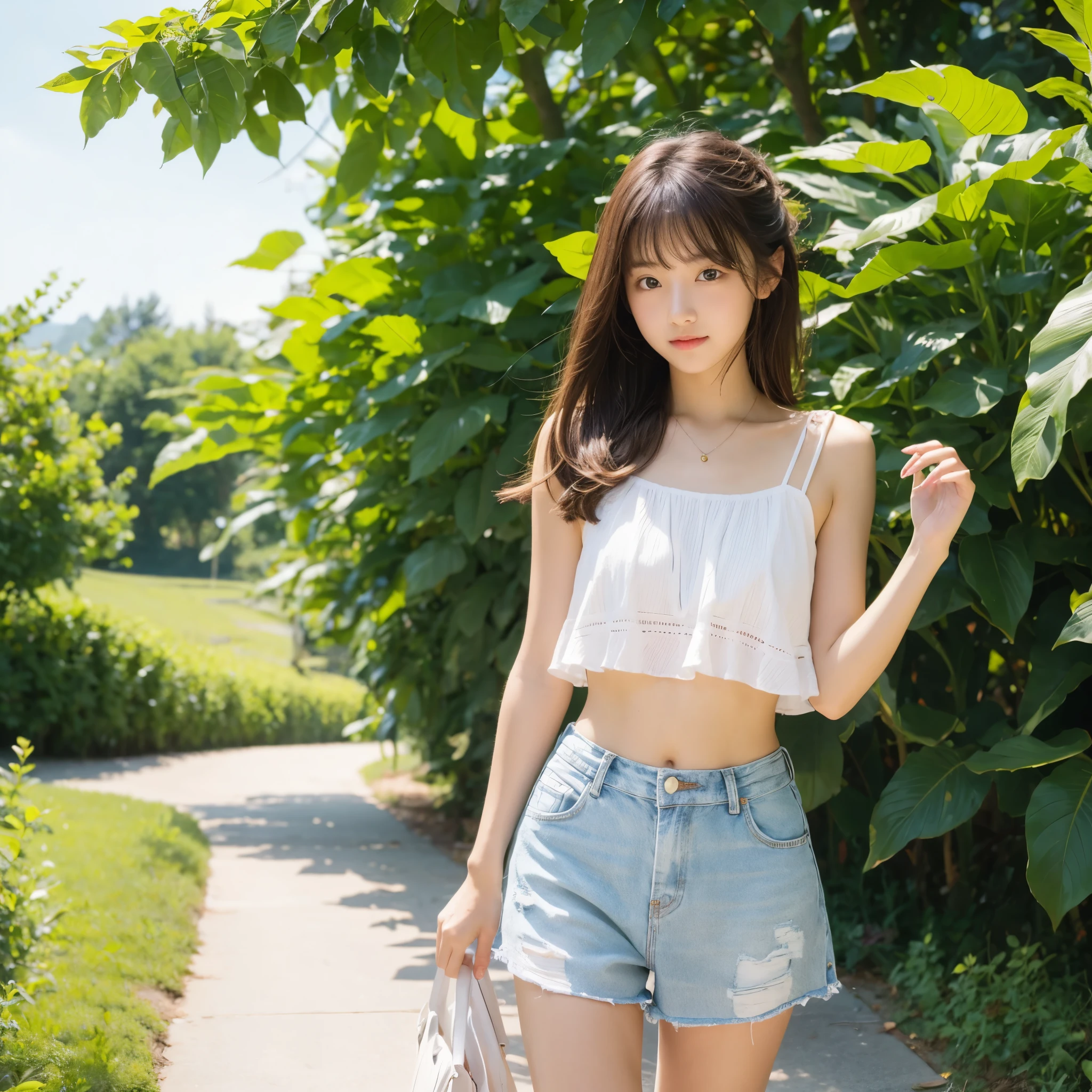 (((best quality))),(((ultra detailed))),(((masterpiece))),illustration,((1 beautiful girl,solo)),((slim,thin)),((small breasts,flat chest)),((summer afternoon)),(standing:1.3),(in cornfield:1.3), (hotpink tank top:1.3),(hotpink shorts:1.2),(slender legs:1.2),(loafers:1.2),delicate,(medium straight hair:1.2), radiant smile, vibrant atmosphere, elegance, grace,fresh and cool,towering stalks, densely packed, soothing melody, serene and peaceful, hustle and bustle,majesty, harmoniously, essence of summer, tranquility, relaxation, peacefulness of nature,((from front,full body))
