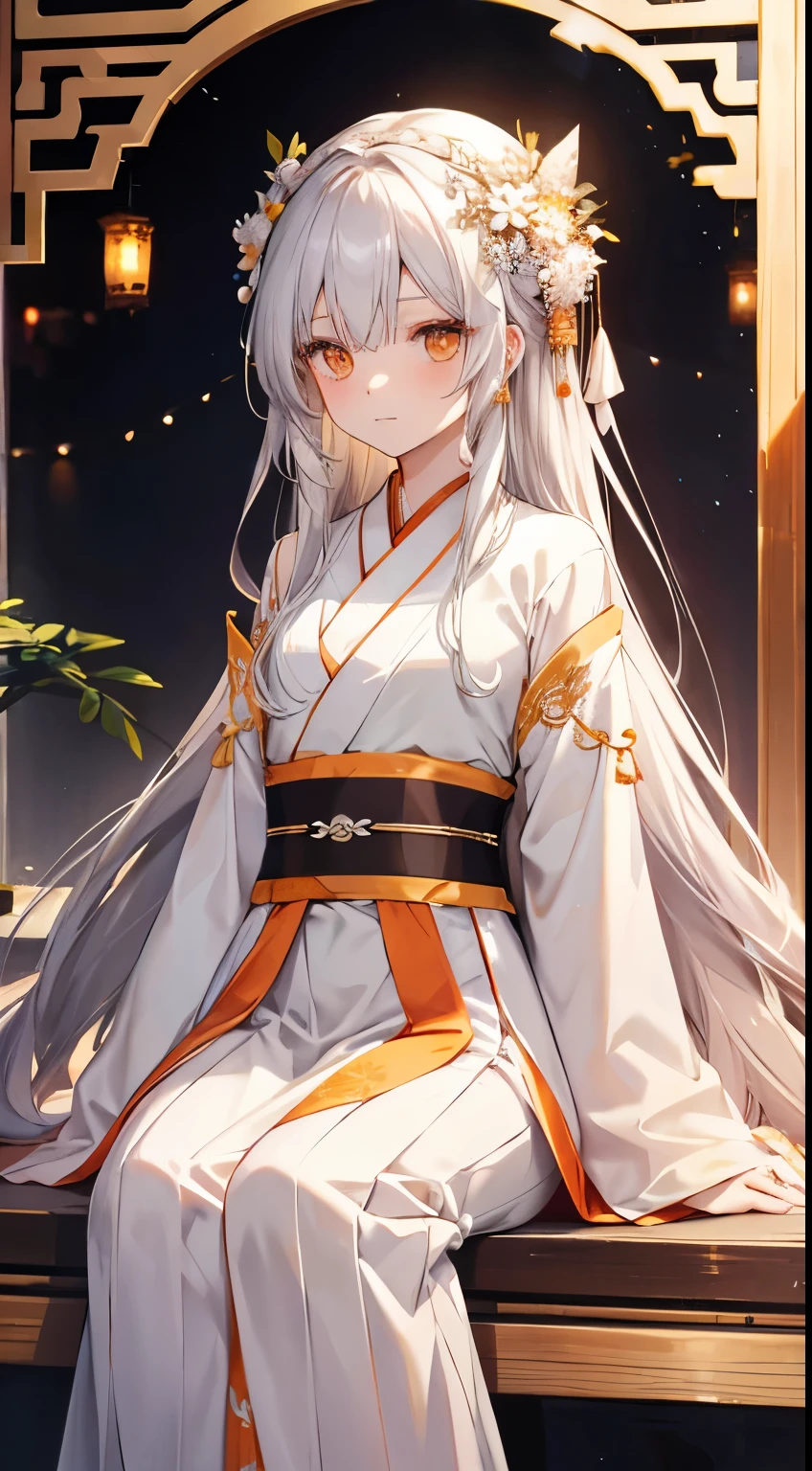 silver hair , Orange eyes,Ancient hair accessories, long hair,White Hanfu long skirt,Brown petals,Queen'skirt, medium bust size ,Bai Suzhen(), big boobs , seaside background