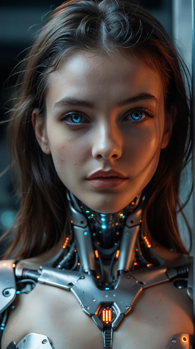 A cyborg girl stands in the center of a large bright studio and is engaged in creating her self-portrait on canvas. She is depicted in all her majestic beauty and elegance. Her metallic skin reflects the light, creating a play of hues and highlights like an expensive piece of jewelry.
Her long metal hair frames her face, giving her a mysterious and alluring look. Her bright eyes, in which light shimmers, stare straight ahead with confidence and the strain of creative inspiration.
The cyborg girl is depicted in a graceful pose, showing off her grace and strength as well as the fine workings of her mechanical limbs. Her hands hold brushes and are immersed in the creative process of creating a stunning work of art.
The outline of the self-portrait she is creating with oil paints is already outlined on the canvas. The drawing begins to come to life under her dexterous fingers, gaining depth and volume, and the coating of color fills the canvas with bright hues and rich colors.
This entire moment is captured in a gorgeous and amazing scenario that combines the beauty of art, power and technological advancement to make the cyborg girl a unique and inspiring image. beautiful shiny smooth, high quality, best quality, absurdres, masterpiece, beautiful, intricate details, 1/2 body crop, slim body, beautiful figure, magnificent anatomy, (intricate details:1.12), HDR, (intricate details, hyper-detailing:1.15), (natural skin textures, hyper realisitc, soft light, Sharp:1.2)