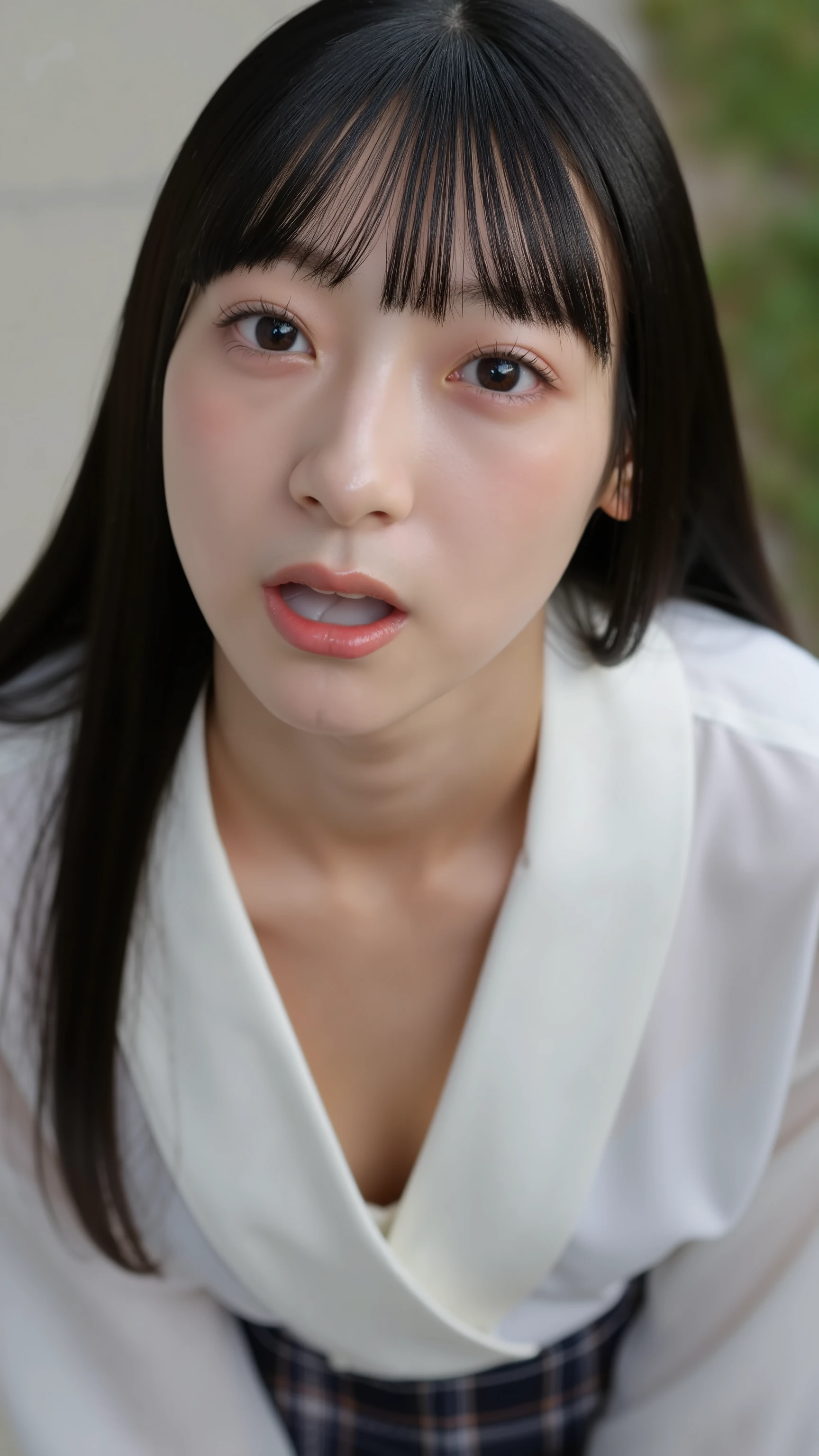 The high resolution photograph of a Japanese young female idol, intricate details, extremely detailed, sharp focus, solo, 1girl, straight long black hair with bangs, pale skin, detailed face, detailed eyes, sophisticated nose, (standing leaning forward, plunging neckline blouse, downblouse, looking up at the viewer, open mouth, white cum in mouth:1.2), outdoors,