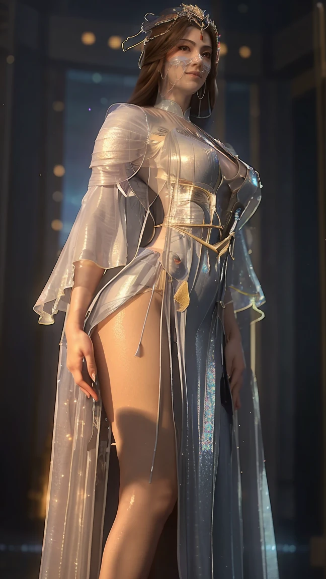 Best quality, realistic, award-winning illustration, (tricky detail: 1.2), (fine detail), (tricky detail), (cinematic lights, best quality), sharp lines, sharp focus, official artwork, 16k, A beautiful woman with a smiling face, with a dark brown hair stylized in a high braided bun, wearing a dark blue medieval dress, elvish royalty, standing on a low detail throne room background, a beautiful mature woman, hands resting on her sides, character design by George Lucas style, full body shot, wide dutch angle