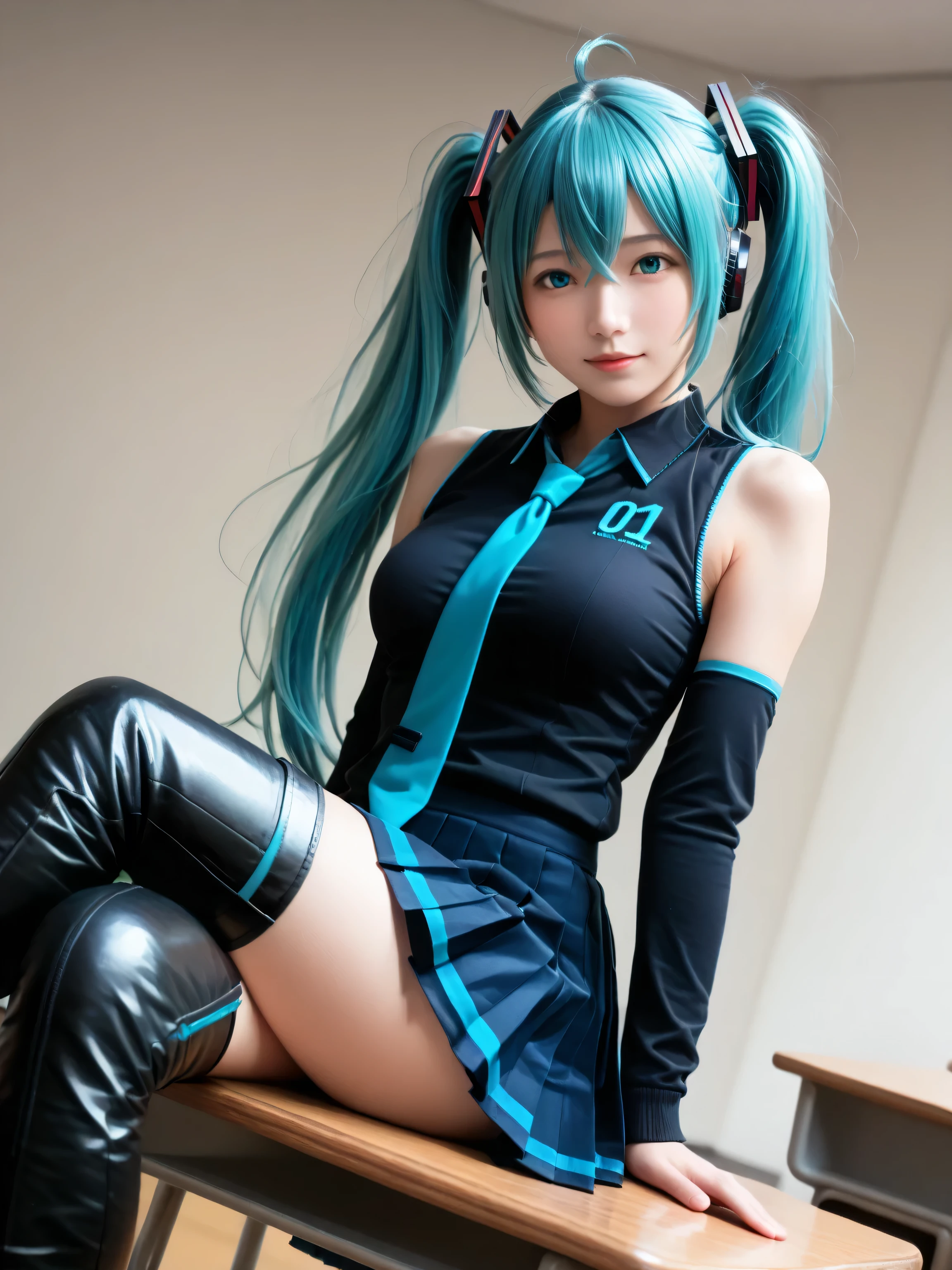 score_9, score_8_up, score_7_up, source_photo, realistic, photo, (((masterpiece, best quality))), ((((best quality, realistic, photo-realistic)))), ((((photorealistic)))), looking at viewer, (((((19 years old))))), 1girl, (((((solo))))), mikuhatsune, miku hatsune, ahoge, ((((aqua eyes)))), ((((aqua hair)))), (((crossed bangs))), ((hair between eyes)), (((hair ornament))), headphones, long hair, ((((twintails)))), boots, ((((thigh boots)))), black footwear, ((((black skirt)))), ((((pleated skirt)))), skirt, ((((mature female)))), ((((depth of field)))), blurry background, Detailed face, ((((medium breasts)))), big breasts, ((solo)), busty, ((1girl)), beautiful breasts, beautiful ass, shiny skin, ((((sharp focus)))), perfect hands, ((((aqua necktie)))), ((((black sleeves)))), collared shirt, detached sleeves, grey shirt, necktie, shirt, ((((sleeveless)))), ((((sleeveless shirt)))), tie clip, pants, shorts, boots, ((((thigh boots)))), black footwear, ((((black skirt)))), ((((pleated skirt)))), skirt, ((((indoors)))), ((((classroom)))), ((((simple background)))), (((((night))))), dutch angle, cowboy shot, ((((dynamic angle)))), cute face, excited, (pretty sister), ((pretty)), ((ultra-detailed)), ((an extremely delicate and beautiful)), Beautiful eyes, (((big eyes:1.5))), (((sensual vibe))), ((((feeling pleasure)))), ((((ideal body)))), ((((energetic)))), ((perfect fingers)), (((realistic:1.4))), (((((sexy pose))))), (((((seductive pose))))), ((((((table))))), ((((leaning head on table)))), ((((arm rest)))), ((((sitting in chair)))), ((((students in the background)))),