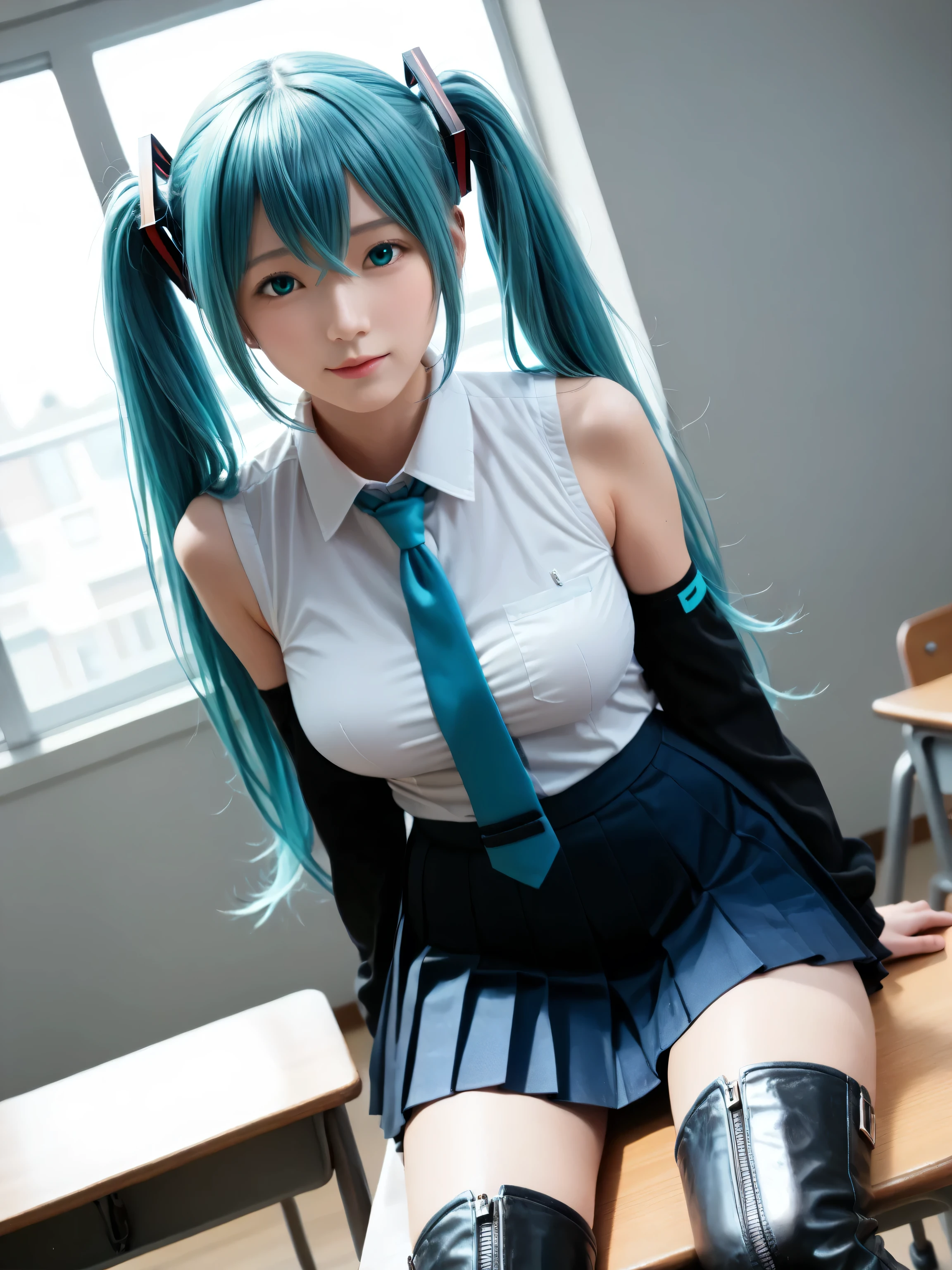 score_9, score_8_up, score_7_up, source_photo, realistic, photo, (((masterpiece, best quality))), ((((best quality, realistic, photo-realistic)))), ((((photorealistic)))), looking at viewer, (((((19 years old))))), 1girl, (((((solo))))), mikuhatsune, miku hatsune, ahoge, ((((aqua eyes)))), ((((aqua hair)))), (((crossed bangs))), ((hair between eyes)), (((hair ornament))), headphones, long hair, ((((twintails)))), boots, ((((thigh boots)))), black footwear, ((((black skirt)))), ((((pleated skirt)))), skirt, ((((mature female)))), ((((depth of field)))), blurry background, Detailed face, ((((medium breasts)))), big breasts, ((solo)), busty, ((1girl)), beautiful breasts, beautiful ass, shiny skin, ((((sharp focus)))), perfect hands, ((((aqua necktie)))), ((((black sleeves)))), collared shirt, detached sleeves, grey shirt, necktie, shirt, ((((sleeveless)))), ((((sleeveless shirt)))), tie clip, pants, shorts, boots, ((((thigh boots)))), black footwear, ((((black skirt)))), ((((pleated skirt)))), skirt, ((((indoors)))), ((((classroom)))), ((((simple background)))), (((((night))))), dutch angle, cowboy shot, ((((dynamic angle)))), cute face, excited, (pretty sister), ((pretty)), ((ultra-detailed)), ((an extremely delicate and beautiful)), Beautiful eyes, (((big eyes:1.5))), (((sensual vibe))), ((((feeling pleasure)))), ((((ideal body)))), ((((energetic)))), ((perfect fingers)), (((realistic:1.4))), (((((sexy pose))))), (((((seductive pose))))), ((((((table))))), ((((leaning head on table)))), ((((arm rest)))), ((((sitting in chair)))), ((((students in the background)))),