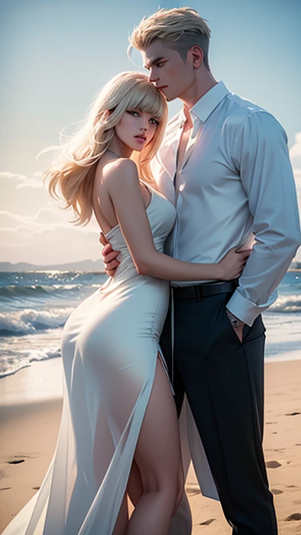 A warm summer evening, sunset, light breeze, a couple will dance hugging on the deck of a luxury yacht: 1 woman (an incredibly beautiful young fatal blonde with blue eyes and long golden hair reaching to the waist, she is wearing a beautiful shimmering silk dress with thin lace, romantic appearance) and 1 man (tall, handsome, a handsome, masculine, athletic young man-platinum blond, he has blue eyes, tanned skin, long straight platinum hair, he is dressed in a light shirt and trousers). The ocean breeze. Masterpiece, perfect image, realistic photos, full-length image, 8K, detailed image, extremely detailed illustration, a real masterpiece of the highest quality, with careful drawing. glow. In full growth. they are in love with each other.
