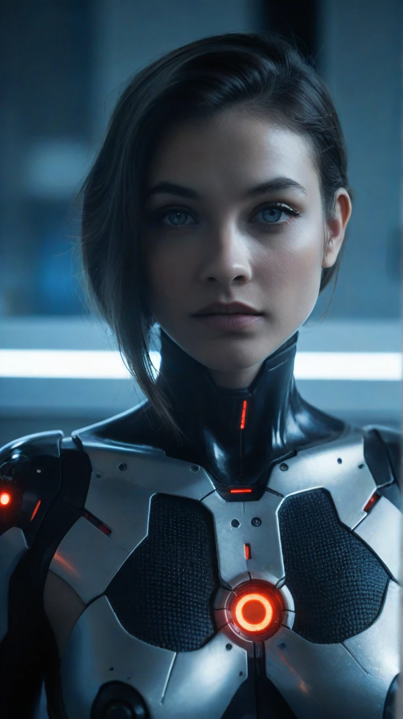 a highly realistic android cyborg humanoid woman, black metallic mouth, inside a white spaceship corridor, hyper detailed, high quality, cinematic lighting, dramatic, muted color palette, photorealistic, award winning concept art, digital painting