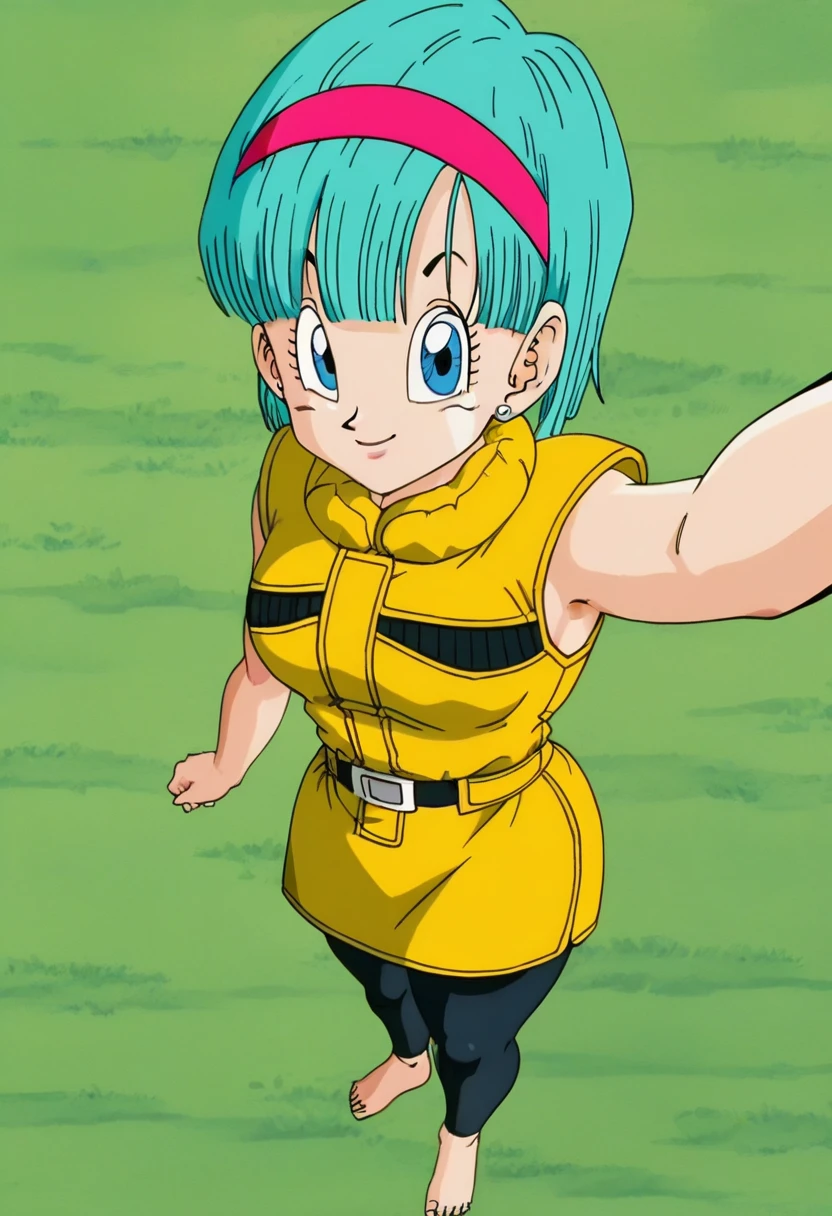 source_anime, undressing pants, ass, ass pose, score_9, score_8_up, score_7_up, anime screencap,
bulma, namek saga, 1girl, solo, breasts, looking at viewer, smile, in all fours, short hair, blue eyes, yellow jacket, yellow skirt, pantyhose, belt, black pantyhose, aqua hair, boy POV, smile, happy, fringe trim, red hairband,