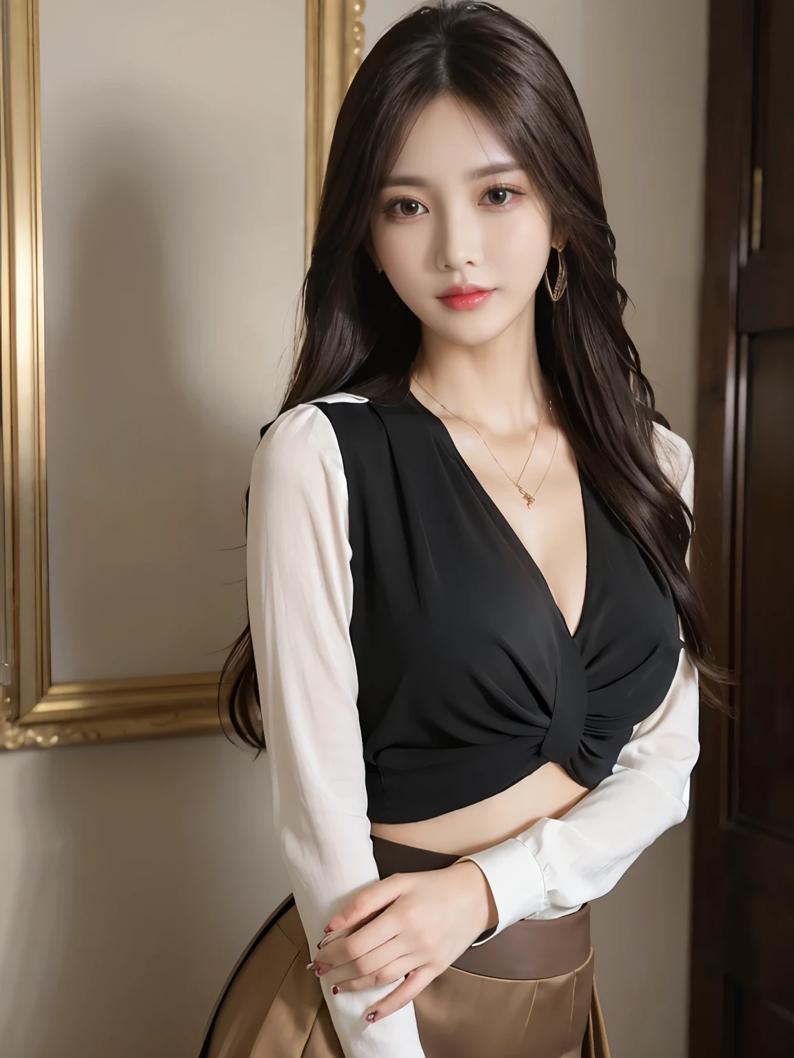 (masterpiece:1.3), (8 thousand, realistic, RAW photos, best quality: 1.4), (1 woman),(sheer silk blouse), (short skirt), (양쪽 다리와 양쪽 발에  realistic 팬티 스타킹), (Stockings on both legs),  (Wearing high heels on both feet with stockings), (full body shot), (standing), (Beautiful makeover), (very beautiful body) , (Realistic and very beautiful face), (long eyelashes), (double eyelid), (Realistic, delicate and very beautiful eyes), (big bust) , (Strong body through exercise), (beautiful abs), (Beautiful heaps), (tall), (such a beautiful body),  (black hair. parted, long hair:1.3), (아름다운 parted스타일), (realistic and beautiful skin), (absurd), (attractive), (ultra high resolution), (extremely realistic), (very detailed), (golden ratio), (Two long, realistic and beautiful legs), (realistic 팔), (necklace), (earring),(beautiful nails manicure), (So beautiful and sexy), (perfect secretary look)