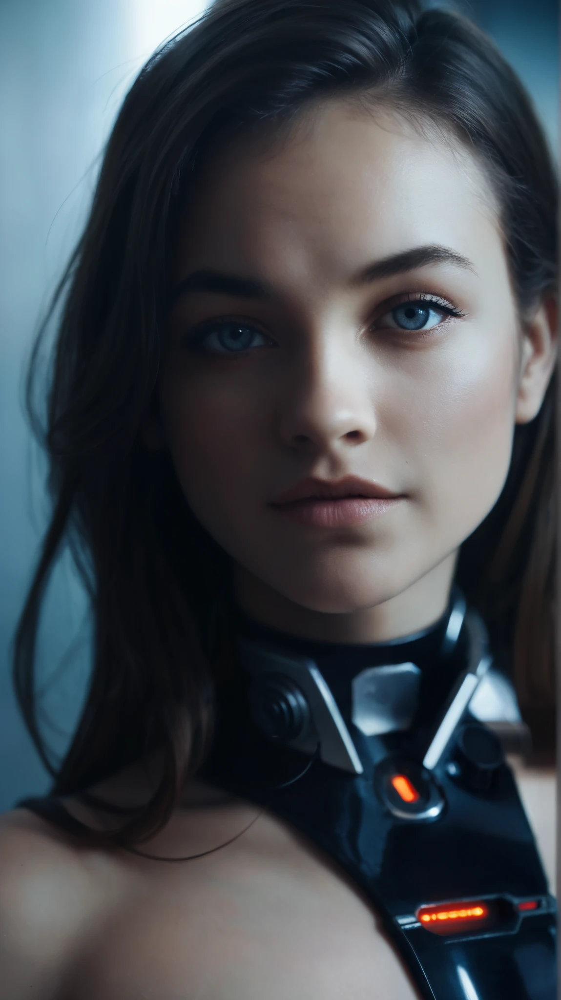 (photo of a gorgeous woman),(soft even lighting),(futuristic background),((in a cyborg look)),(proportional),detailed face,detailed eyes,((medium body portrait)),masterpiece,((best quality)),(eye contact),looking at the viewer,centred,shot from front,(day time)