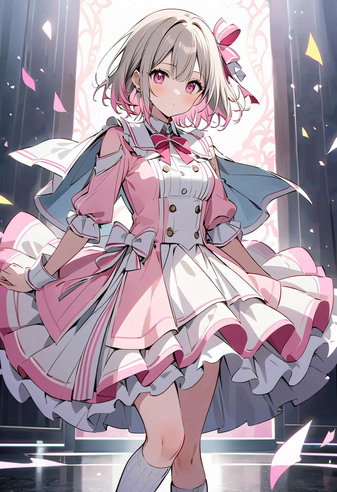 Gray Hair、Gray Hairに毛先はピンク、 pink long sleeve dress ロングスカート、 pink ribbon がついたWhite knee socksックス、Ruffles on shoulders、 pink ribbon 、 Idol Costume、White medium hair with pink tips 、Pink hair with pink tips、 pink long sleeve dress 、Beautiful Absolute Realm 、whole body、White knee socks、 pink long sleeve dress 、白く short hair 、Beautiful Absolute Realm 、Alone、 white knee socks with small pink bow、big white collar like a sailor suit 、Depiction of fine eyes 、 short hair 、
