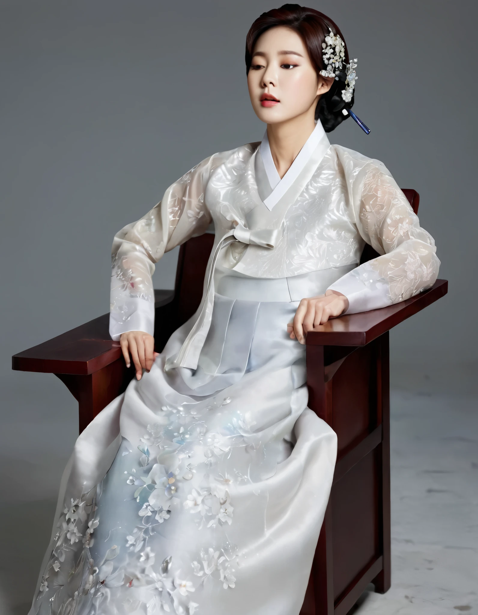 8k, A Korean man had surgery to change his body from male to female, his body is completely female, he has big breasts like a woman, but his face is not changed and still looks like a man, His hair is still manly and short, manly short hair, he is wearing a mother's hanbok dress costume, silk,Mother of the Bride Dress Outfit, white, Floral pattern, sexy, see-through, He sits upright in a special device chair, Being brainwashed, There are several electrical cords and electronic devices plugged into his head, Being brainwashed, brainwashing electronics attached to head, expressionless, eyes closed, unconscious, Full body shot