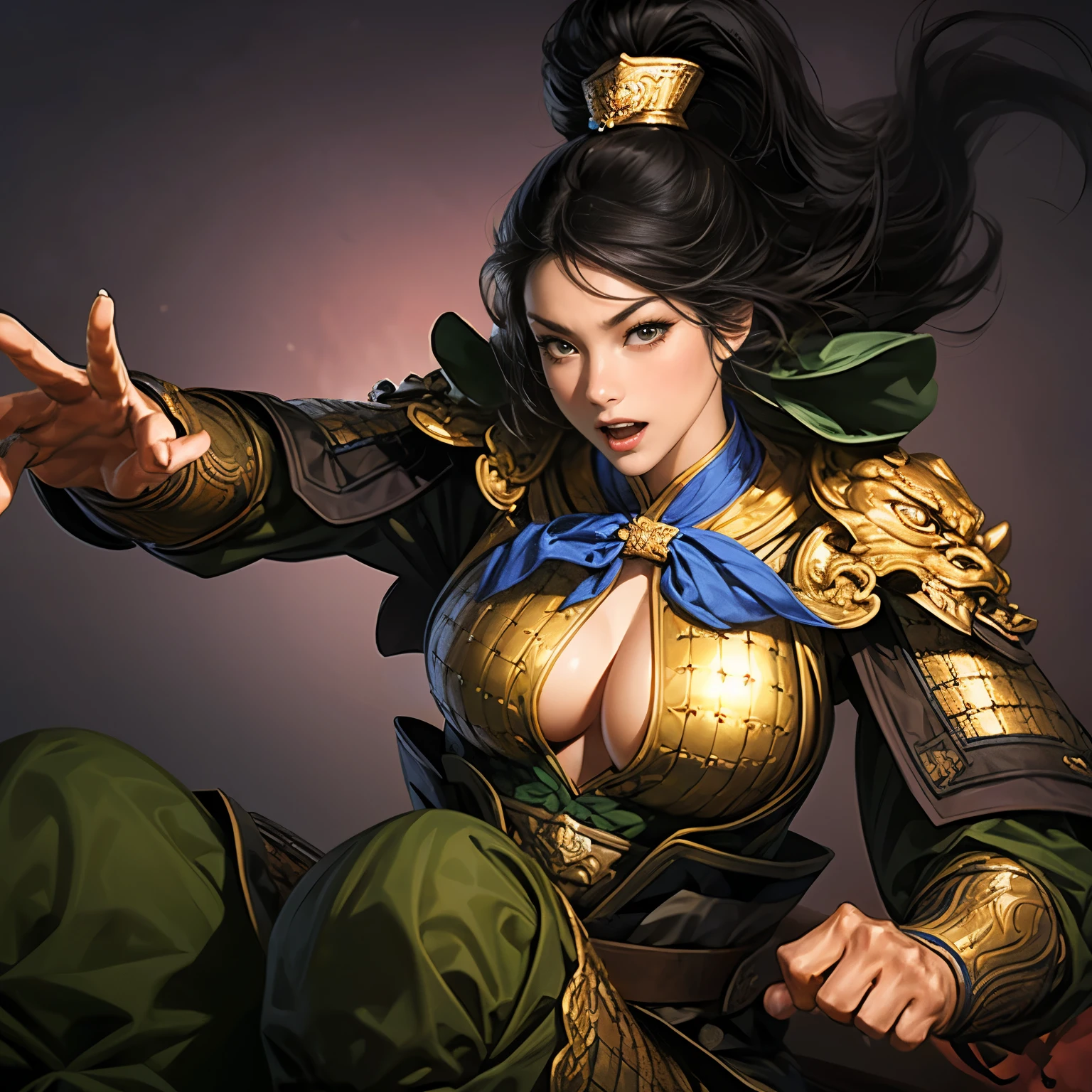 ((Create an image from head to knee)), Three Kingdoms illustration , Female solo, Beautiful Woman, beautiful face, perfect hand , ( black hair), sexy expression , wink your eyes, excited expression, Various facial expressions, various poses, Brilliant background , blurry background , Perfect Chinese Armor, Create an image of a woman in armor , big boobs, slim body,