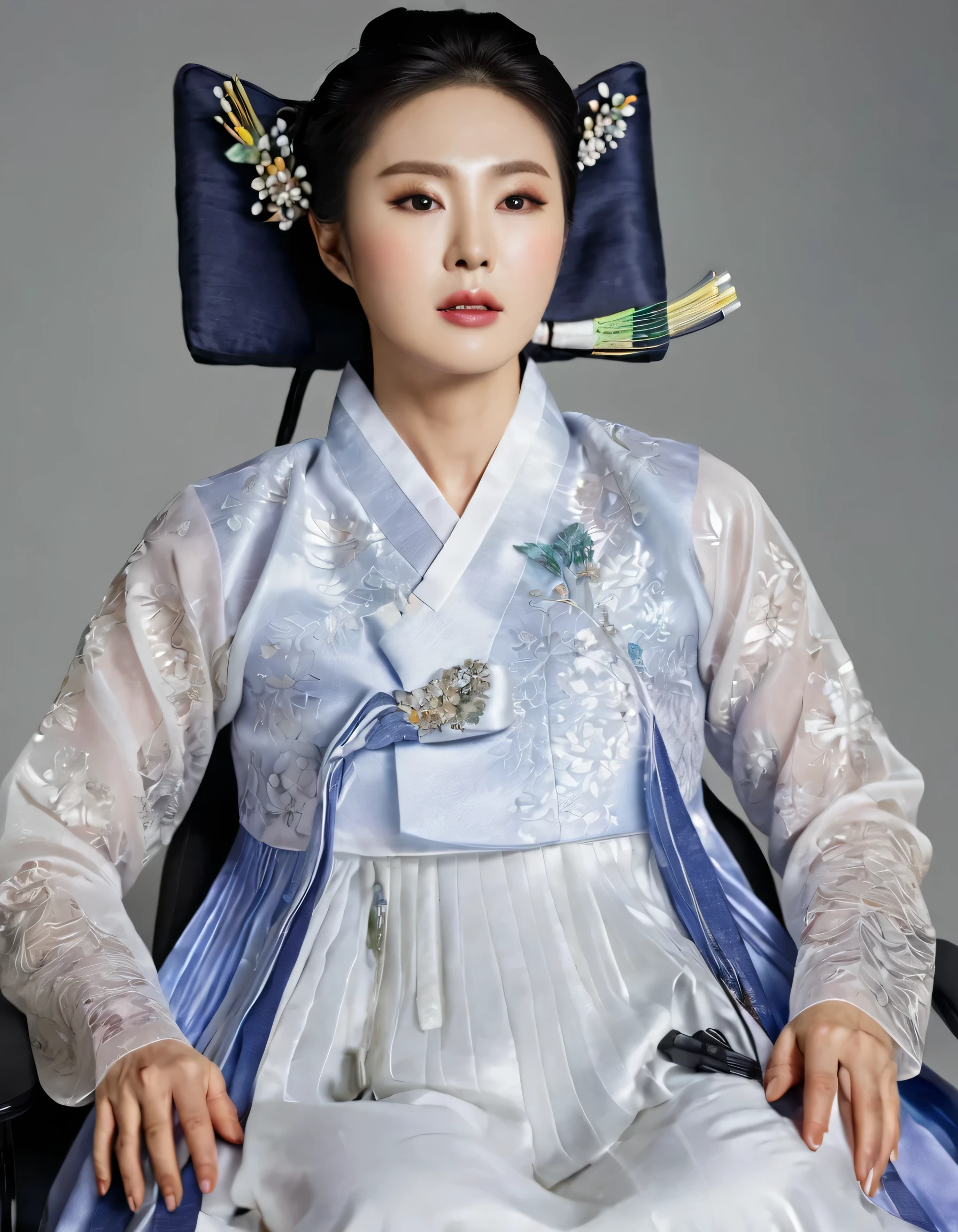 8k, A Korean man had surgery to change his body from male to female, his body is completely female, he has big breasts like a woman, but his face is not changed and still looks like a man, His hair is still manly and short, manly short hair, he is wearing a mother's hanbok dress costume, silk,Mother of the Bride Dress Outfit, white, Floral pattern, sexy, see-through, He sits upright in a special device chair, Being brainwashed, There are several electrical cords and electronic devices plugged into his head, Being brainwashed, brainwashing electronics attached to head, expressionless, eyes closed, unconscious, Full body shot