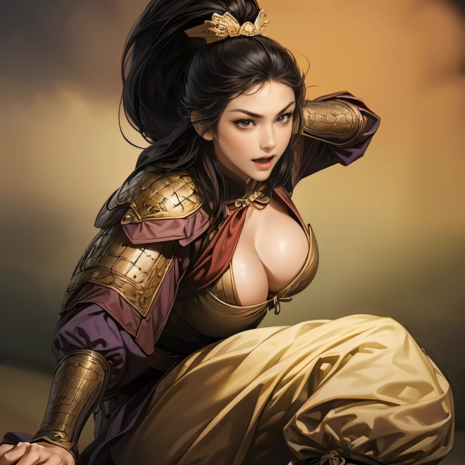 ((Create an image from head to knee)), Three Kingdoms illustration , Female solo, Beautiful Woman, beautiful face, perfect hand , ( black hair), sexy expression , wink your eyes, excited expression, Various facial expressions, various poses, Brilliant background , blurry background , Perfect Chinese Armor, Create an image of a woman in armor , big boobs, slim body,