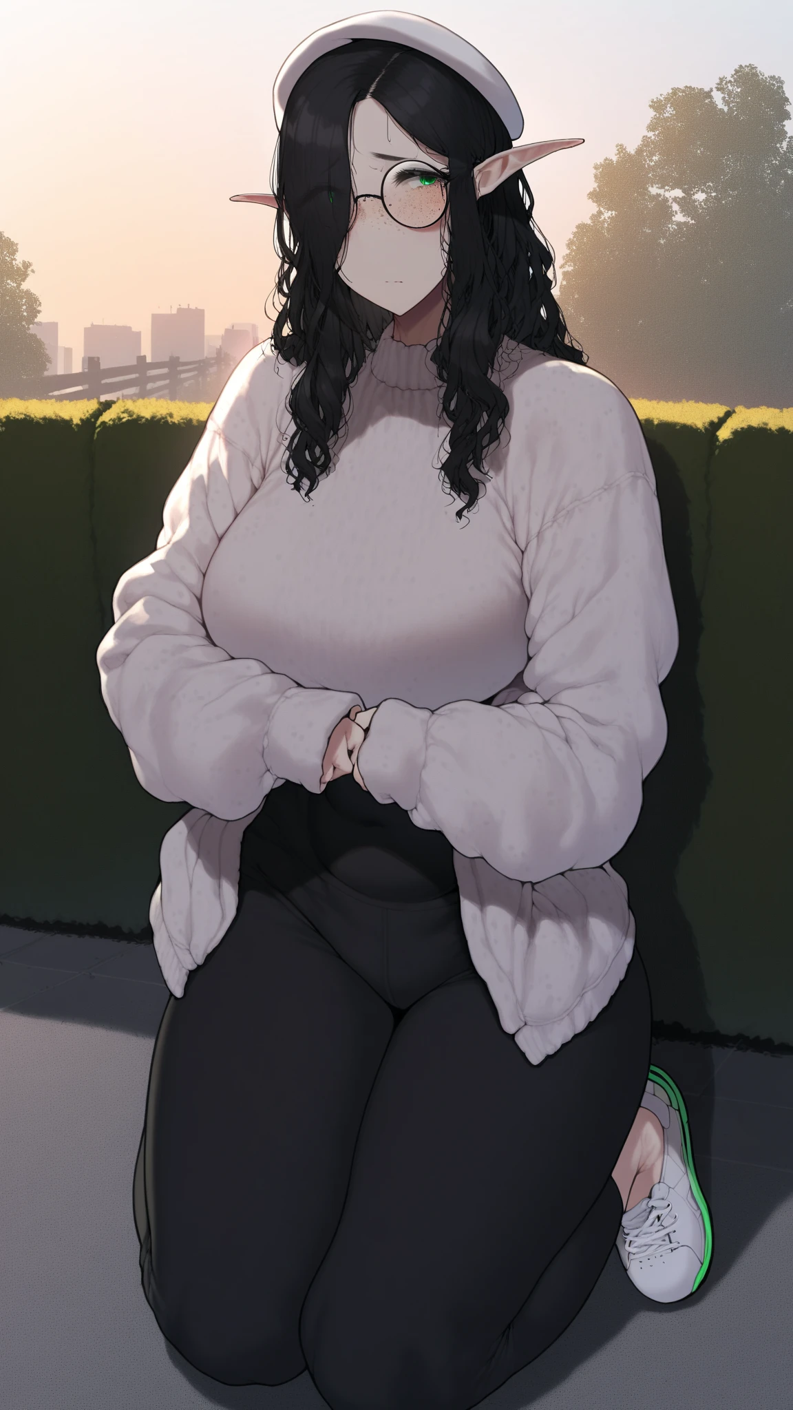 1girl, (baggy cream coloured turtleneck:1.1), (thin waist, gigantic breasts, massive thighs, wide hips:0.7), (huge ass:0.5), black leggings, sitting down, mug of hot chocolate, soft smile, relaxed, (view from low down:1.3), full body, dark purple hair, long hair, mature face, mature expression, half-moon glasses, nerdy, blush