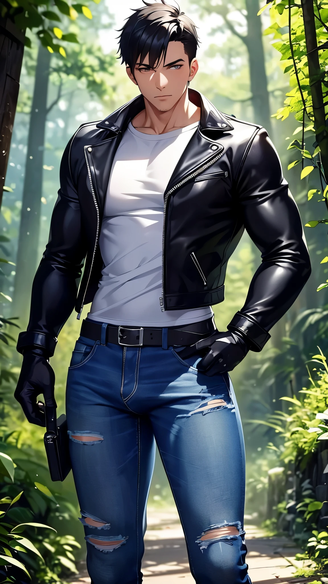 Create an image of a muscular young man with black hair, wearing a white crew neck shirt layered with a black leather jacket. He is dressed in blue jeans with a black leather belt, black motorcycle gloves, black combat boots, and a thigh holster for a handgun. The zipper of his jeans was pulled down and his erect penis was sticking out. and oozing white semen. in the forest. The image should be illustrated in a detailed high-quality anime art style.