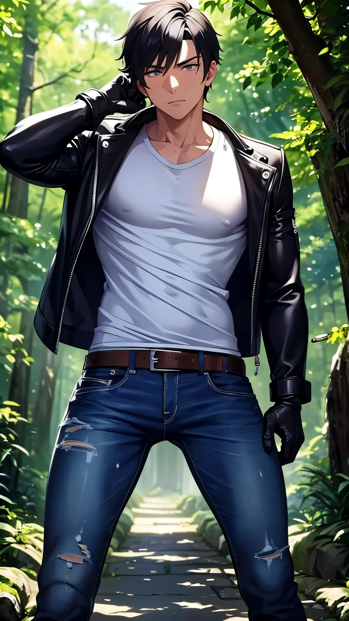 Create an image of a muscular young man with black hair, wearing a white crew neck shirt layered with a black leather jacket. He is dressed in blue jeans with a black leather belt, black motorcycle gloves, black combat boots, and a thigh holster for a handgun. The zipper of his jeans was pulled down and his erect penis was sticking out. and oozing white semen. in the forest. The image should be illustrated in a detailed high-quality anime art style.