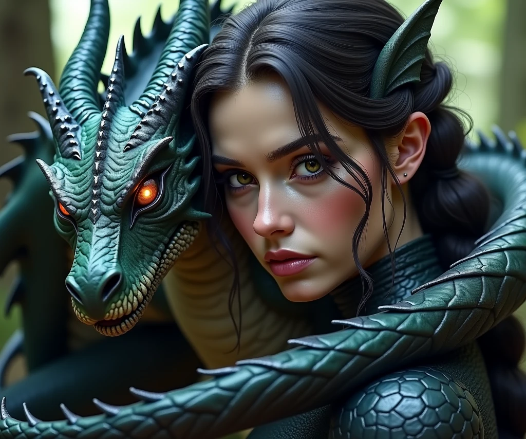 A closeup of a woman with a dragon on her head, Garota de olhos verdes, cabelo cacheado, garota bonita, lugar sombrio, Dragoned, Dark Dragon, Dark Dragon, arte de fantasia hiperrealista, retrato da fantasia, garota de cabelo vermelho, cabelo vermelho