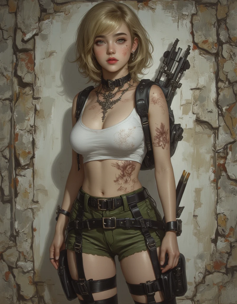 beautiful girl , sexy slim fit body , gorgeous eyes , crop top , mini skirt , tied up curly blonde hair, carrying a weapon behind her head, blushed cheeks