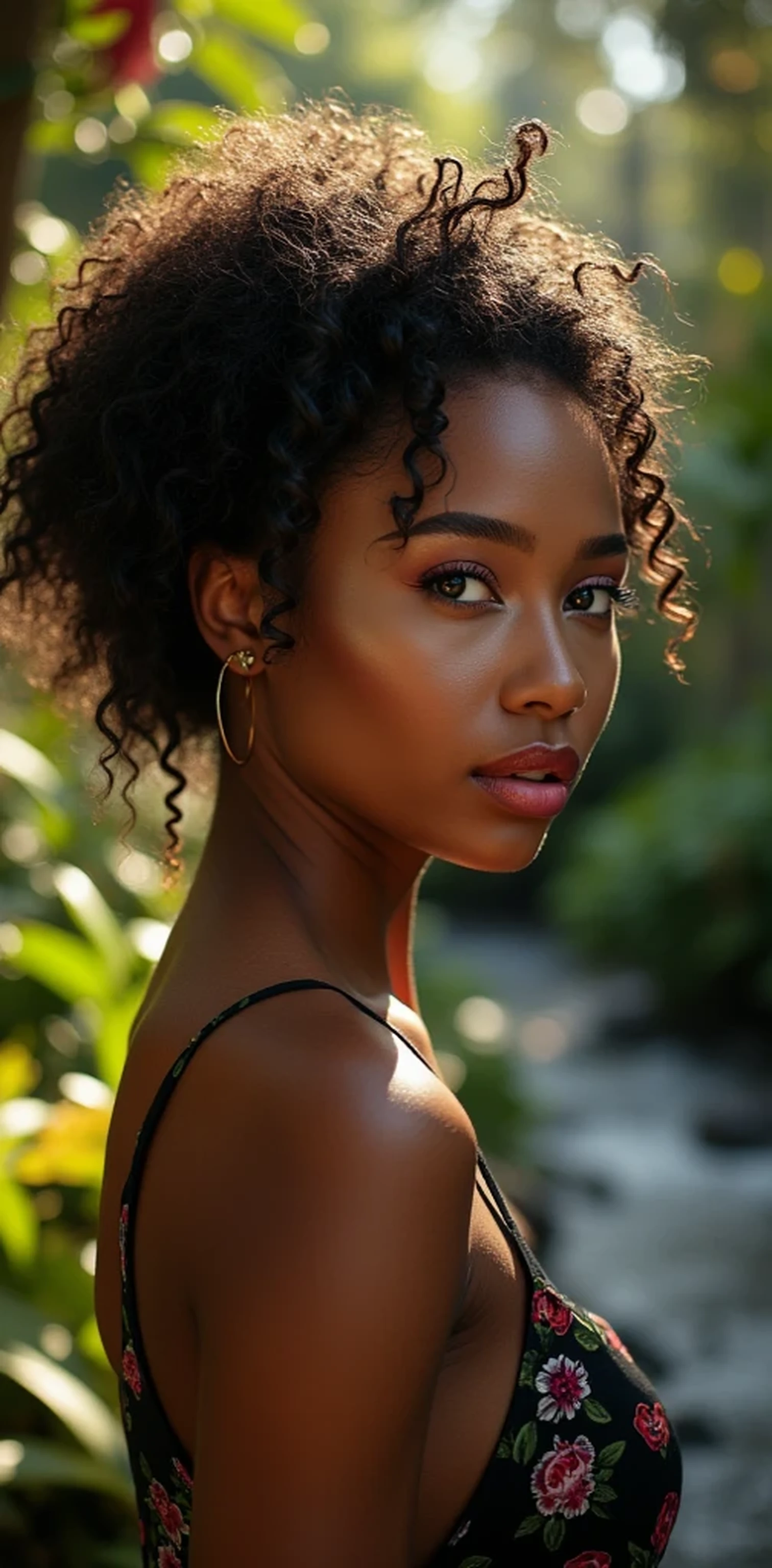 The woman who describes you has a captivating and elegant face. Her hair is a cascade of dark curls with light streaks, her eyes are crystal-clear pools of deep blue, and her lips are full and soft and a deep pink. Her chin is firm and determined, and her eyebrows are thin and arched. Cinematic light, 8k, uhdk.

Her neck is long and elegant, and her shoulders are broad and strong. Her skin is smooth and brown, and it shines in the light. The woman is in a secret garden, surrounded by exotic flowers and ancient trees, with a stream flowing gently in the distance. The sun shines softly through the leaves, creating an effect of light and shadow that highlights her beauty.