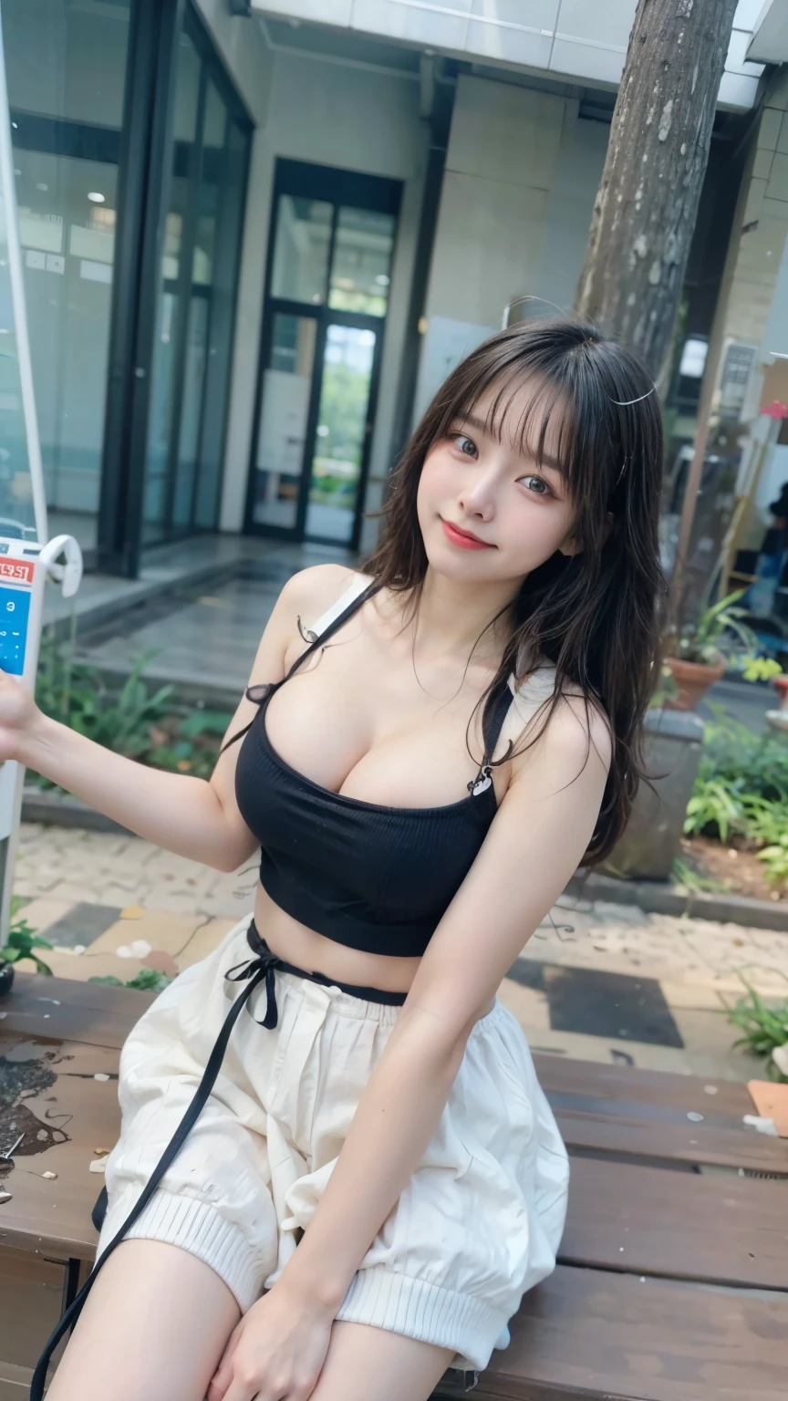 (Big Tits)、nsfw、(((Spread legs:1.3)))、(full body)、nightの公園、camisole、Shorts、Downlight、double eyelid、Highest quality, Very detailed, Fine details, High resolution, 8K, Perfect dynamic composition, Beautiful details, ,Natural color lip, smile,Beautiful 20 year old woman、 Cute type、Long black hair、Glamorous Body、night、sunset、ponytail、Two arms、pussy、On the bench