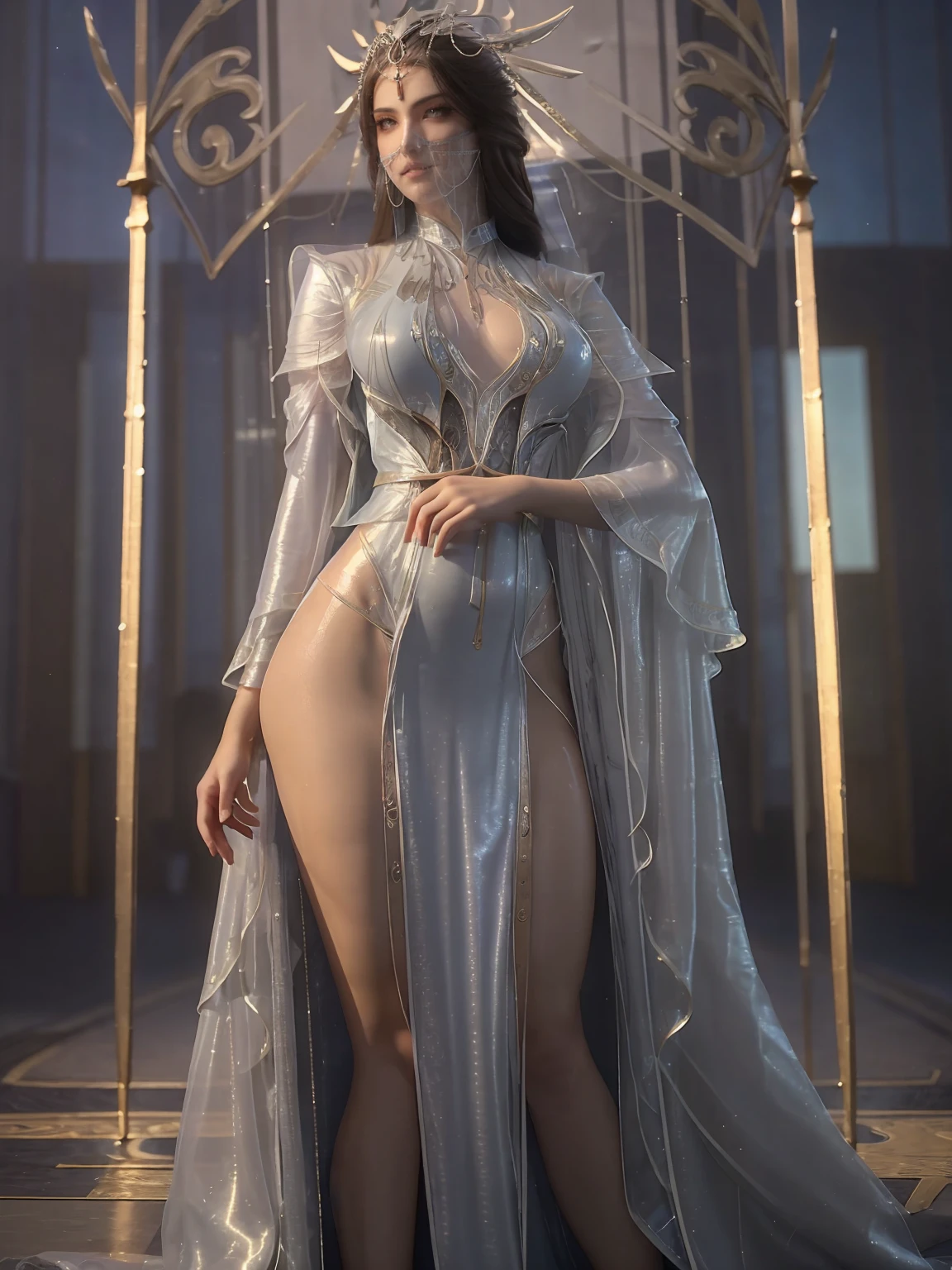 ((Highest quality,4K,High resolution,masterpiece:1.2)),((Character Concept Art)), 1 female, 20-year-old women, ((Shoulder-length brown hair、Hair curled loosely inwards)), (Skin as white as snow), Very detailed eyes (Brown Eye Color), have confidence, beautiful, slim body build, Big Breasts、((Intricate details)), Very finely crafted needles, Very finely crafted fingers(((10 fingers))), ((Mini wrap dress with a complex pattern_long see through sleeves_whitecolour_HermesHermes pattern_Mini wrap dress:1.3)), (Full-body showcase), (Show whole body),A shy smile、In the hustle and bustle of the city、((Standing with grace、Hands on her west:1.5))