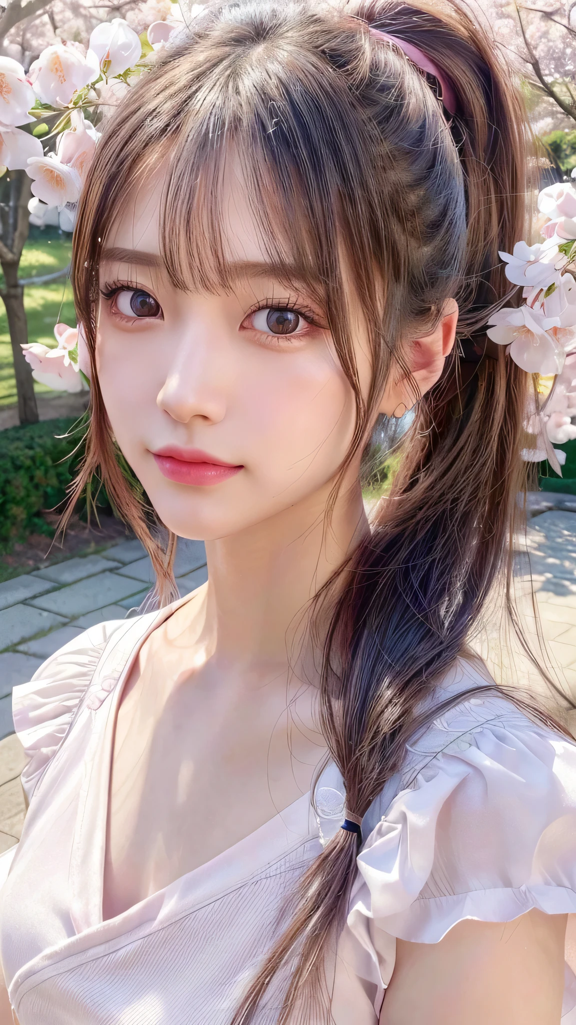 One piece with collar,outdoors,Urban Park,On the lawn,Ultra-detailed, finely detail, hight resolution, 8K Wallpaper, Perfect dynamic composition, Beautiful detailed eyes,Outdoor,Close-up of face,Outdoor,Blushing,Facing forward,,Long hair ponytail,((8k, Raw photo, Best Quality, Mastepiece:1.2), (Realism, Photorealistic:1.4), (Highly detailed 8K wallpapers), Depth of written boundary, Cinematic Lighting, Soft Light, Detailed Beauty Eye,Shiny and smooth light brown ponytail, Asymmetrical bangs, Shiny skin, Ultra-detailed skins ,It is high resolution., High detail, Detailed hairstyle, Detailed facial beauty, Hyper-realistic, Perfect limbs, Perfect Anatomy ,1 Japanese girl,Famous Japanese Idols, Perfect female body,A shy smile,Short eyelashes,Double-edged eyelids,Look straight here,Hair style: ponytail,
