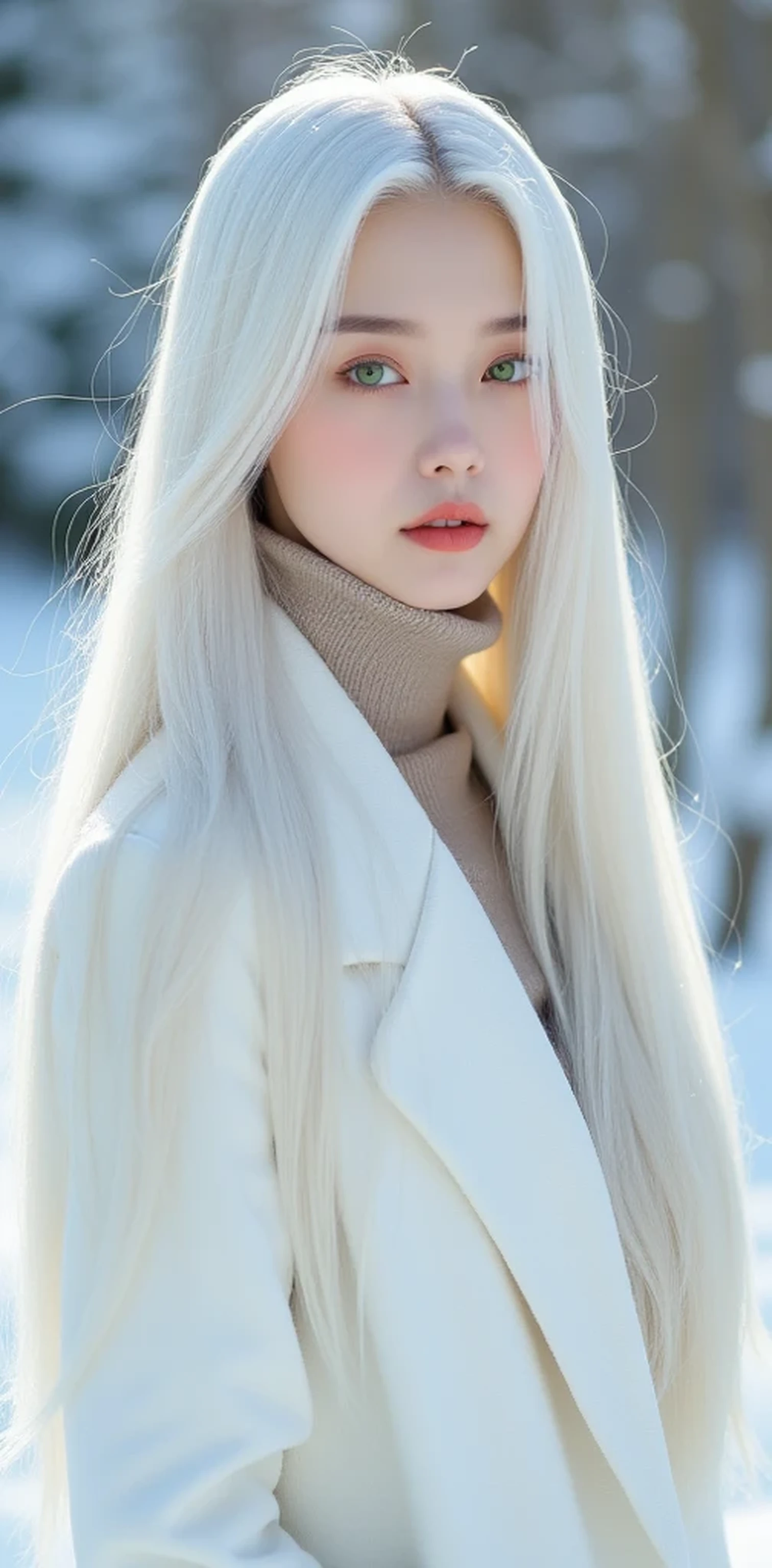 32k, Masterpiece, top quality, ( Korea's Beautiful Woman) Long, flowing white hair. Bright green eyes. White coat. Beige turtleneck sweater. Snow-covered trees. Serene. Peaceful. Winter. Quiet. Contemplative. Still.