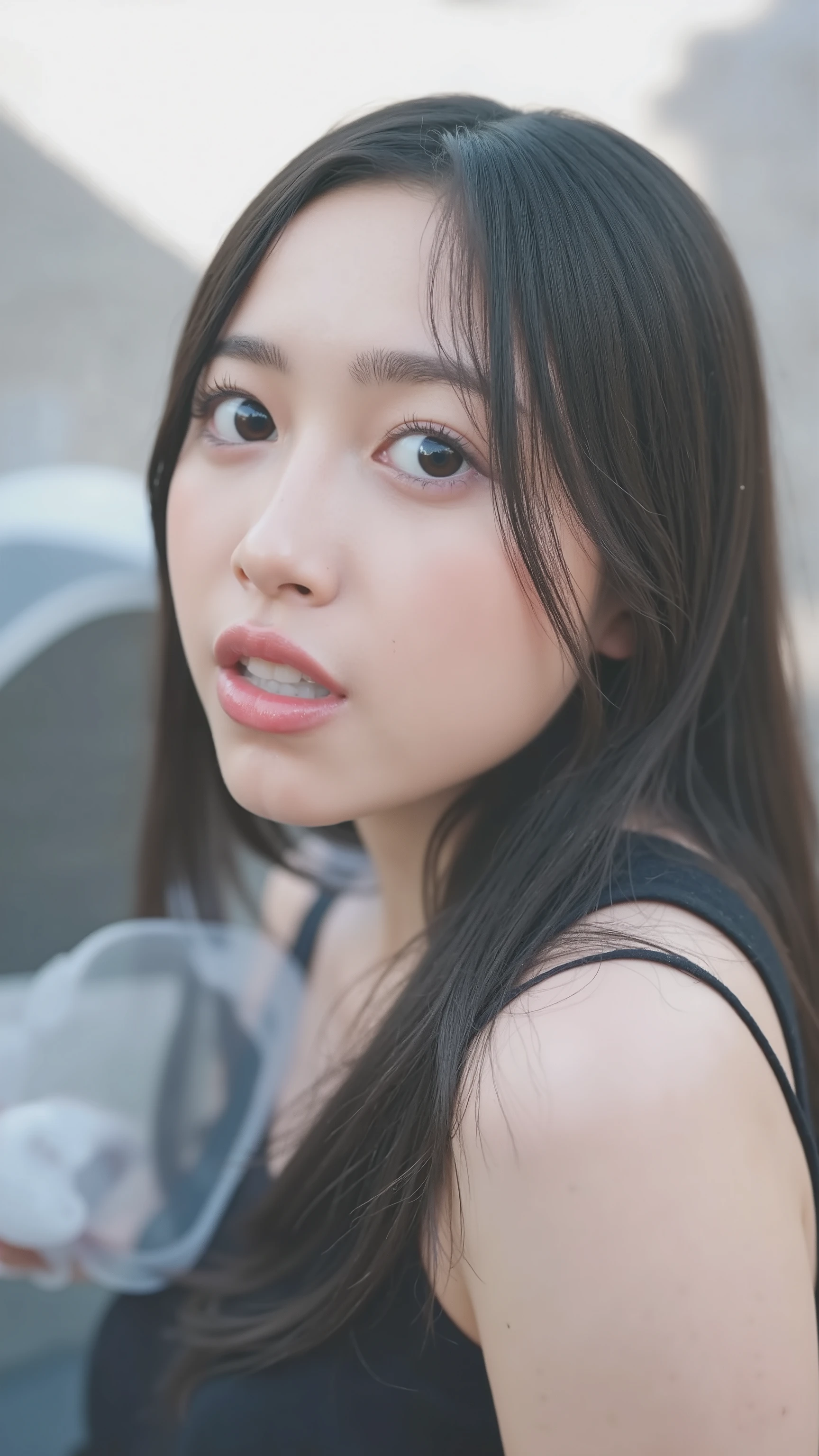 The high resolution photograph of a Japanese young female idol, intricate details, extremely detailed, sharp focus, solo, 1girl, straight long middle parted black hair, pale skin, detailed face, detailed eyes, sophisticated nose, small breasts, (standing leaning forward, loose t-shirt, downblouse, looking up at the viewer, open mouth, white cum in mouth:1.2), outdoors,