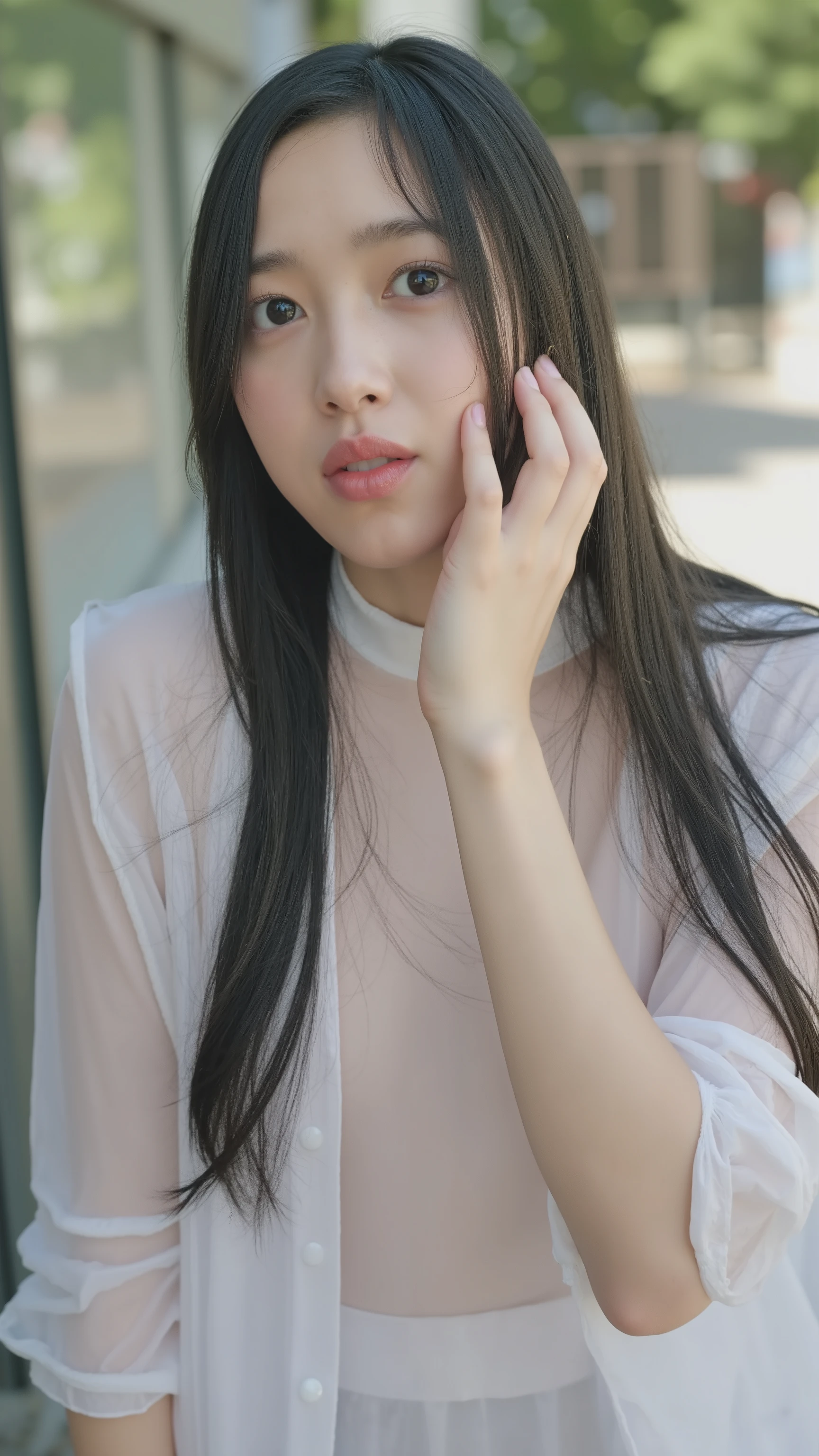 The high resolution photograph of a Japanese young female idol, intricate details, extremely detailed, sharp focus, solo, 1girl, straight long middle parted black hair, pale skin, detailed face, detailed eyes, sophisticated nose, small breasts, (standing leaning forward, loose t-shirt, downblouse, looking up at the viewer, open mouth, white cum in mouth:1.2), outdoors,