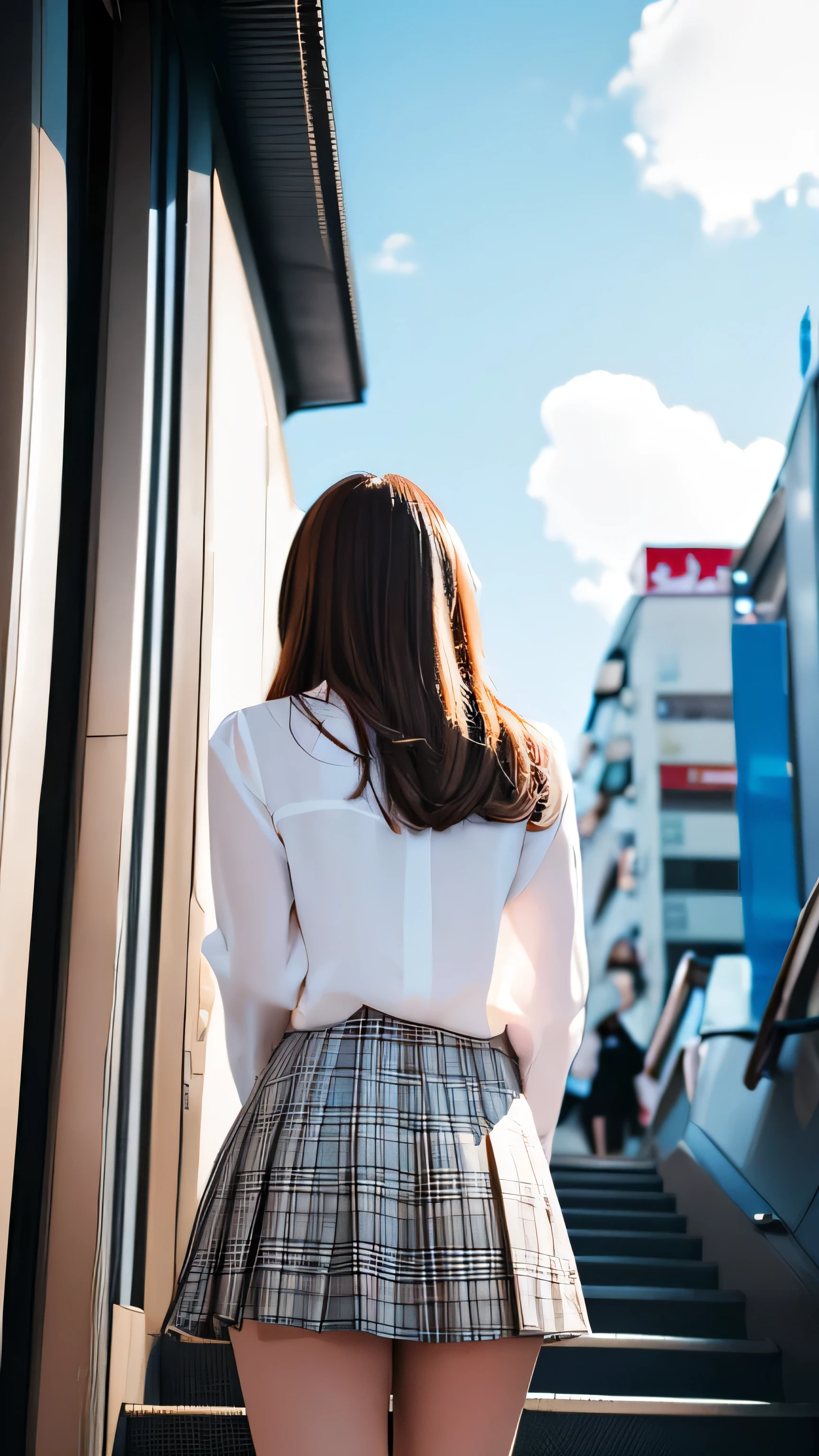 (back view), (a girl from behind), (ground-level shot:1.2), (low angle shot:1.2), (close-up of thigh:1.2), (blouse solid design white blouse), (skirt plaid skirt), (in the noon), (clear sky with fluffy clouds), (bustling Tokyo street), (urban shopping district), cute, (seductive smile), (crossed arms),
BREAK,
master piece, best quality, ultra detailed, super high res, 16k, photo realistic:1.4, RAW photos, detailed and beautiful face, high resolution detail of human skin texture, soft light
