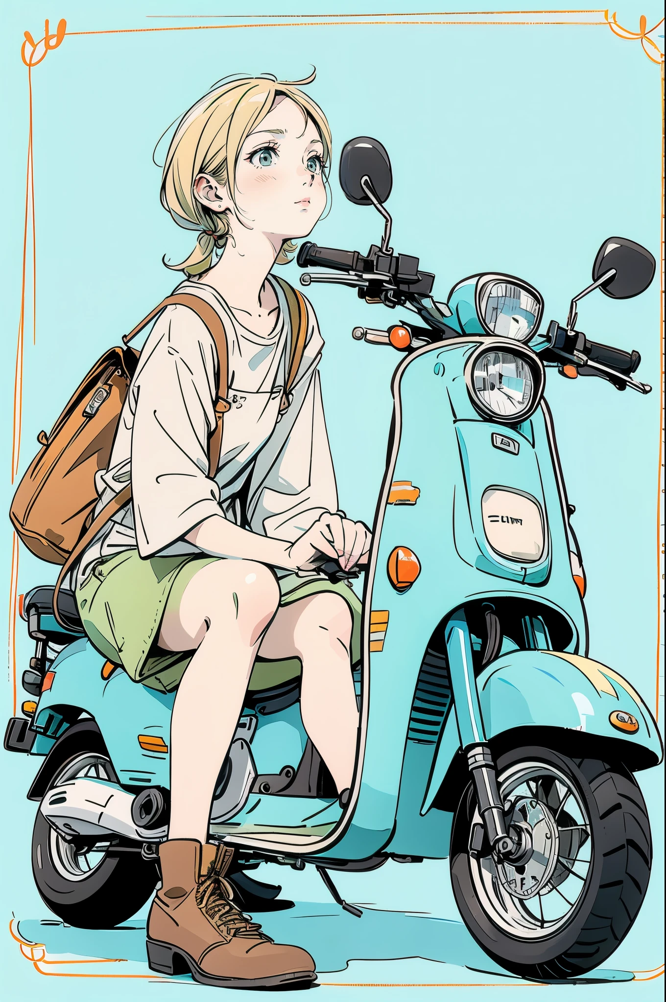 A beautiful anime-style illustration. A brown striped cat is sleeping on the seat of a pale blue scooter. A blonde woman is crouching next to the scooter, gazing at the cat. The woman is wearing a green off-the-shoulder top, denim shorts and brown boots. The background is pale blue, giving the illustration a simple and clean feel. The overall color scheme is soft, creating a warm atmosphere.