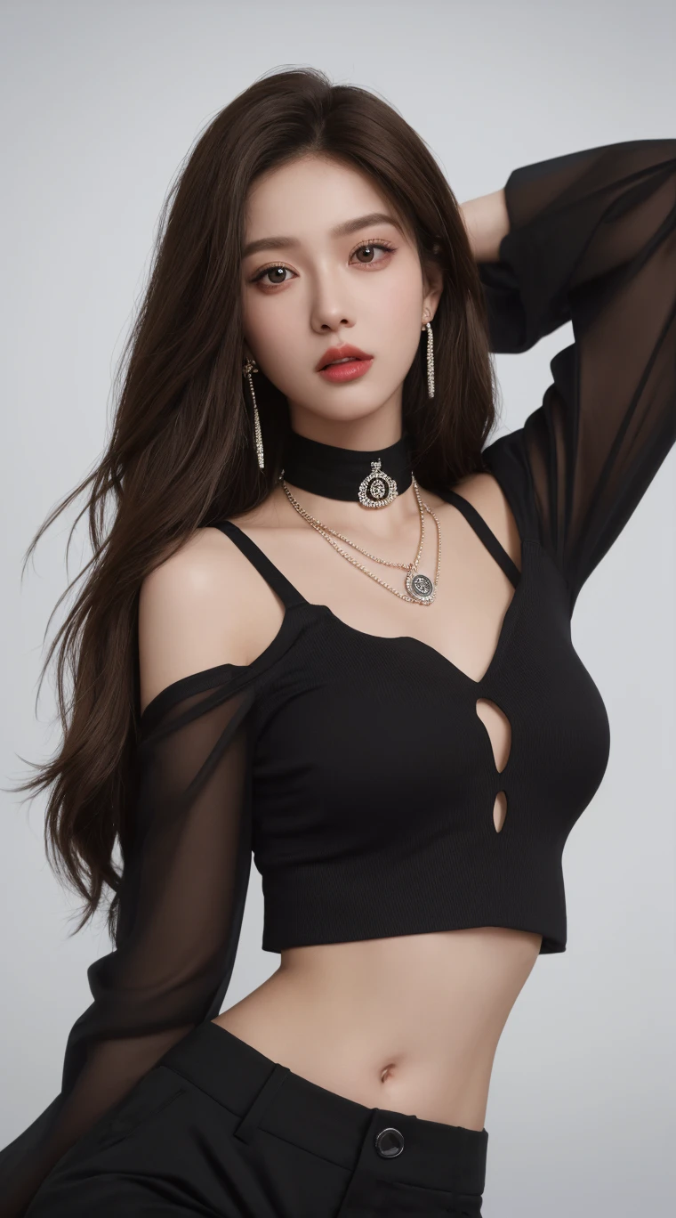(Extra detailed body、The face is rich in detail、Best quality:1.2)、20-year-old sweet girl、Looking at the audience、(Quirky stylish、Korean girl group、A necklace、Contrast purple, White and black clothes、Asymmetry),Large Breasts