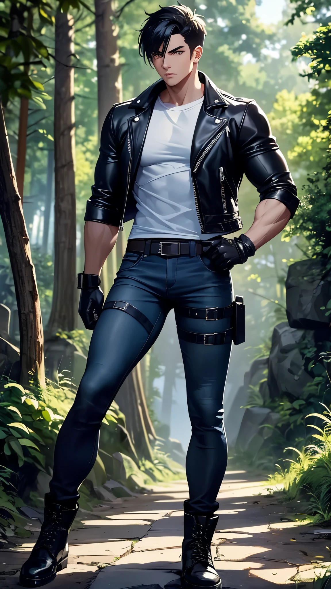 Create an image of a muscular young man with black hair, wearing a white crew neck shirt layered with a black leather jacket. He is dressed in blue jeans with a black leather belt, black motorcycle gloves, black combat boots, and a thigh holster for a handgun. in the forest. The image should be illustrated in a detailed high-quality anime art style.