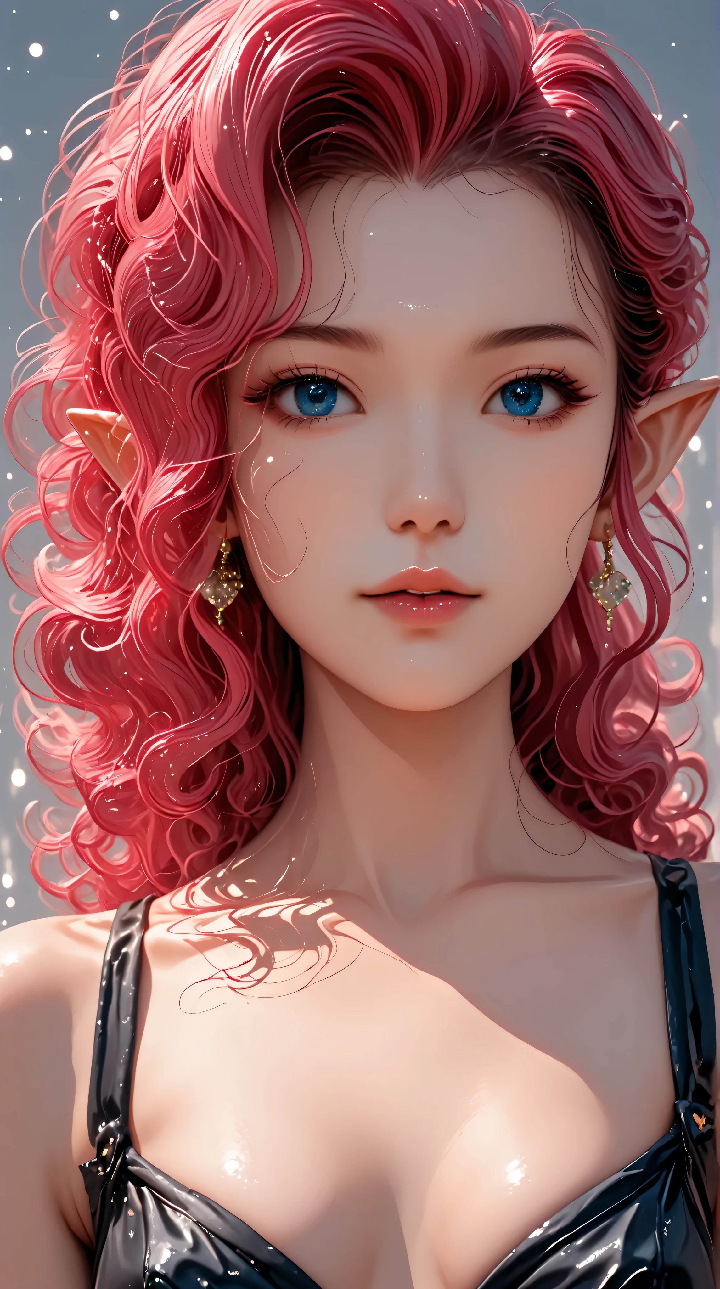 shiny android face, anime, 2.5D, moody lighting, (purples, pinks, and blues), iridescent face, abstract ai model with elf ears, pretty, sexy, minimal, sleek, slender, asian, elegant, chic, futuristic, retro, sophisticated half human half machine, close up face portrait,